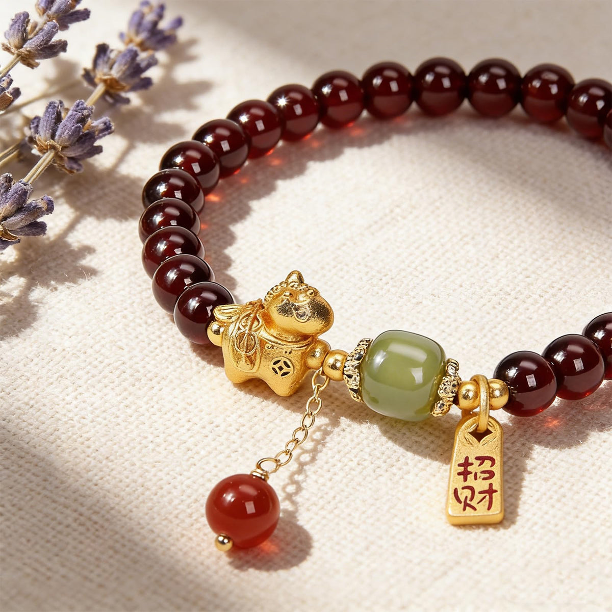 Buddha Stones 5mm Red Garnet Bracelet for Women Gold Horse Bracelet with Hetian Jade and Agate, Feng Shui Wealth Zodiac Bead Charm Bracelets Healing Crystal Jewelry Gifts 6.7 Inch