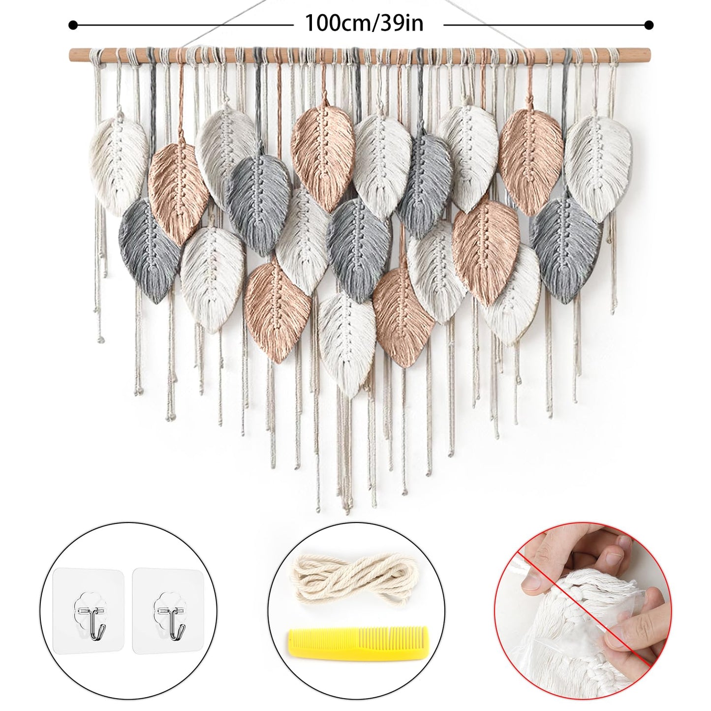Alynsehom Large Macrame Wall Hanging, Boho Woven Tapestry, Chic Modern Bohemian Handmade Leaf Feather Wall Art Home Decor for Apartment Dorm Living Room Bedroom Nursery Backdrop (39" W X 29.5" L)