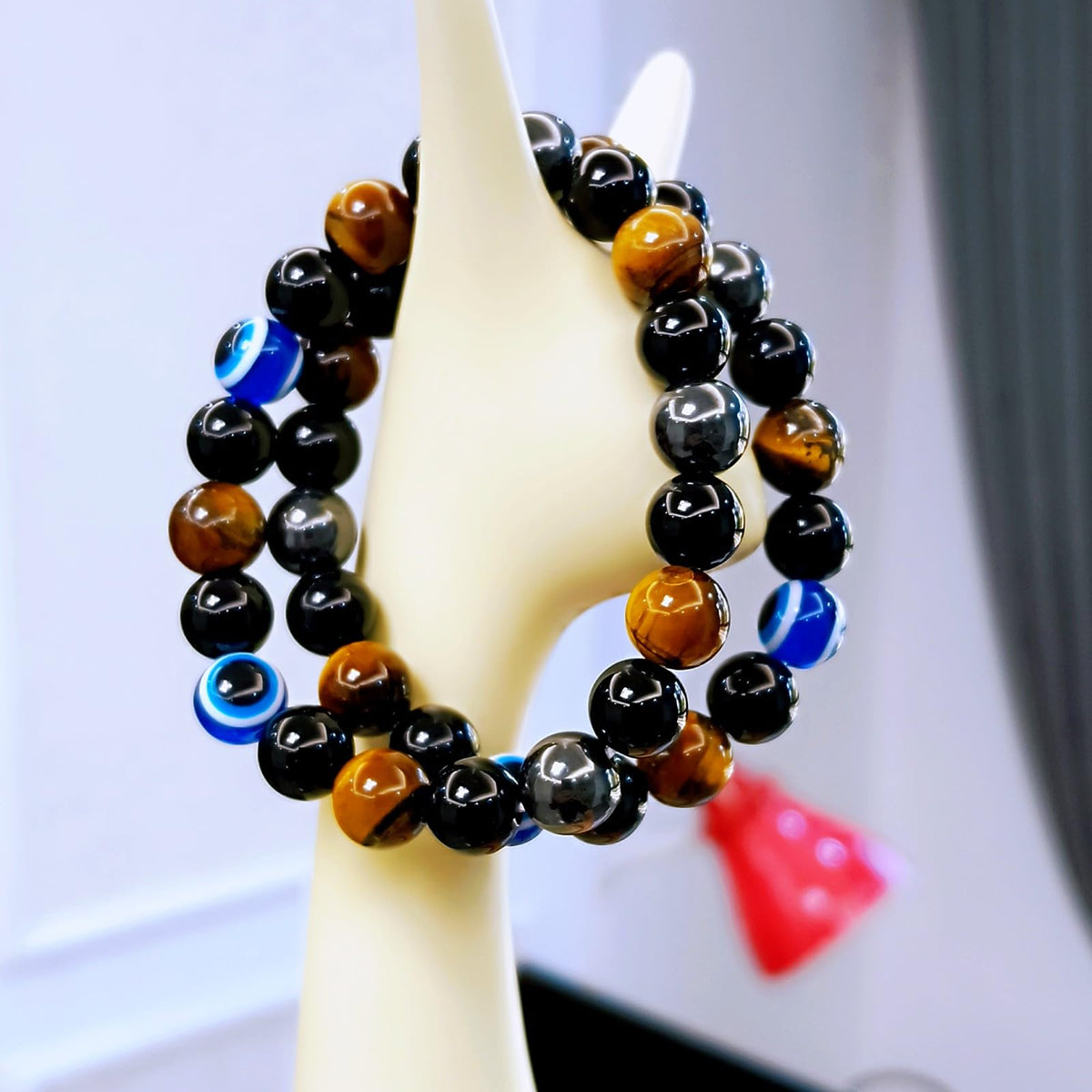 WEFRIN Evil Eye with Hematite Black Obsidian Tiger Eye Stone Triple Protection Bracelets for Men Women, Crystal Healing Stone Bracelet Bring Luck Prosperity and Happiness Jewelry (D-10mm)