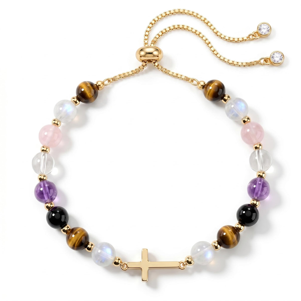 Aghfacy Christian Gifts for Mom Cross Bracelet Natural Gemstone Crystal Bracelet Gold Cross Charm Birthday Gifts for Mom Religious Gift Adjustable with Message Card