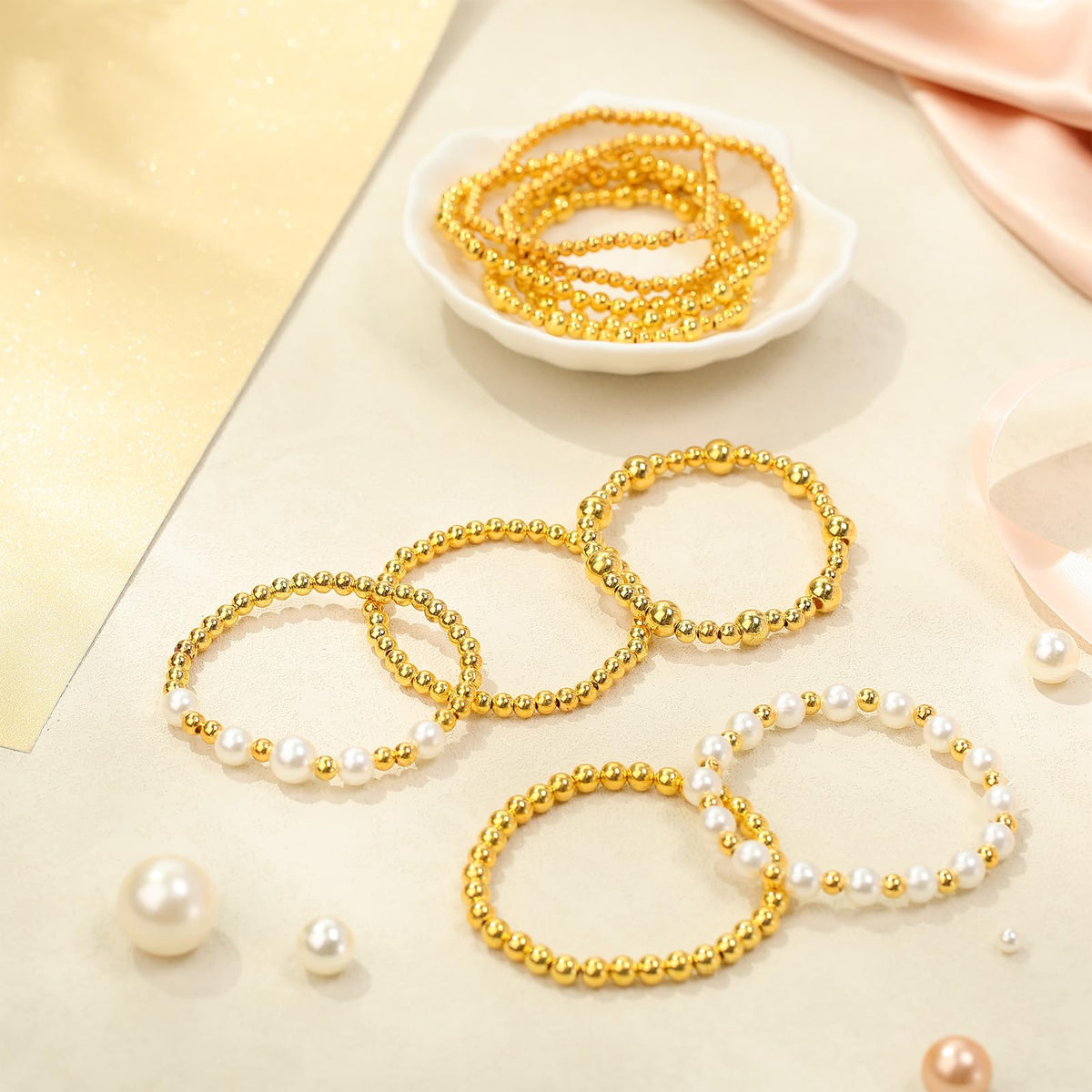 Ecation 10 Pcs Beaded Bracelets for Women Chunky Stacking Plated Bead Ball Stretchable Bracelets Set Natural Pearl Jewelry(Gold)