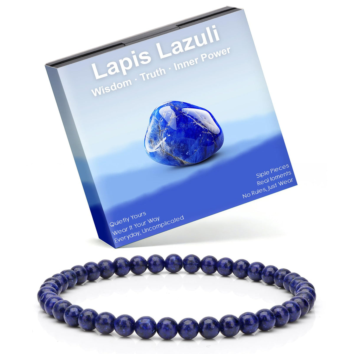 Risyfjew 4MM Handmade Lapis Lazuli Natural Gemstone Stretch Elastic Bracelet,PE Film Anti-oxidation Packaging Natural Stone Crystal Healing Power Energy Gifts for Adult
