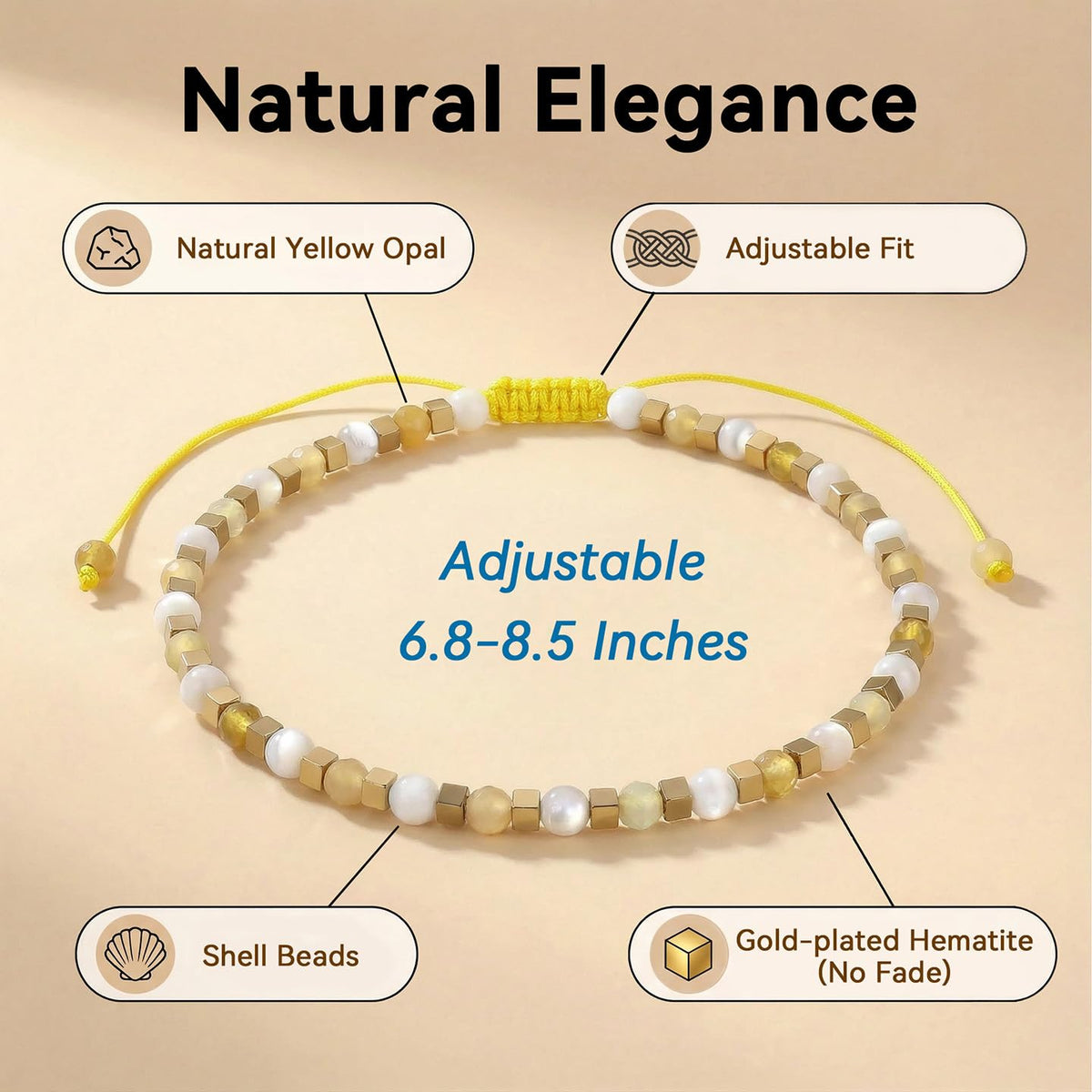 BEADSENER Yellow Opal Adjustable Charming Bracelet for Women, 3mm Natural Shell Gemstone Hematite Stone Beads, Pull String Slider Metal Free Design Waterproof, Gift for Her Daily Wear