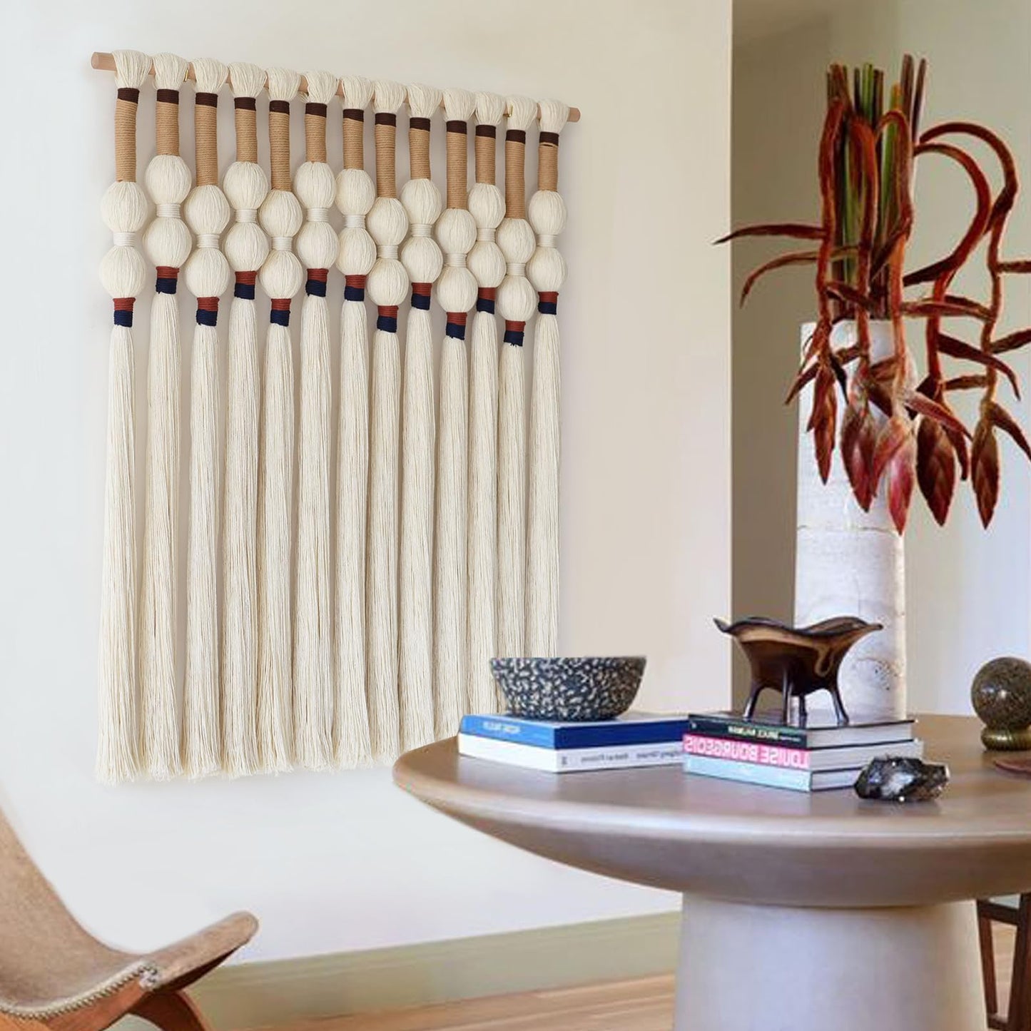 Flber Macrame Wall Hanging Boho Wall Art Handmade Spherical Knot Design with Tassel Fringe, Boho Decor for Bedroom Living Room, for Home Decoration 27" W x 33" L