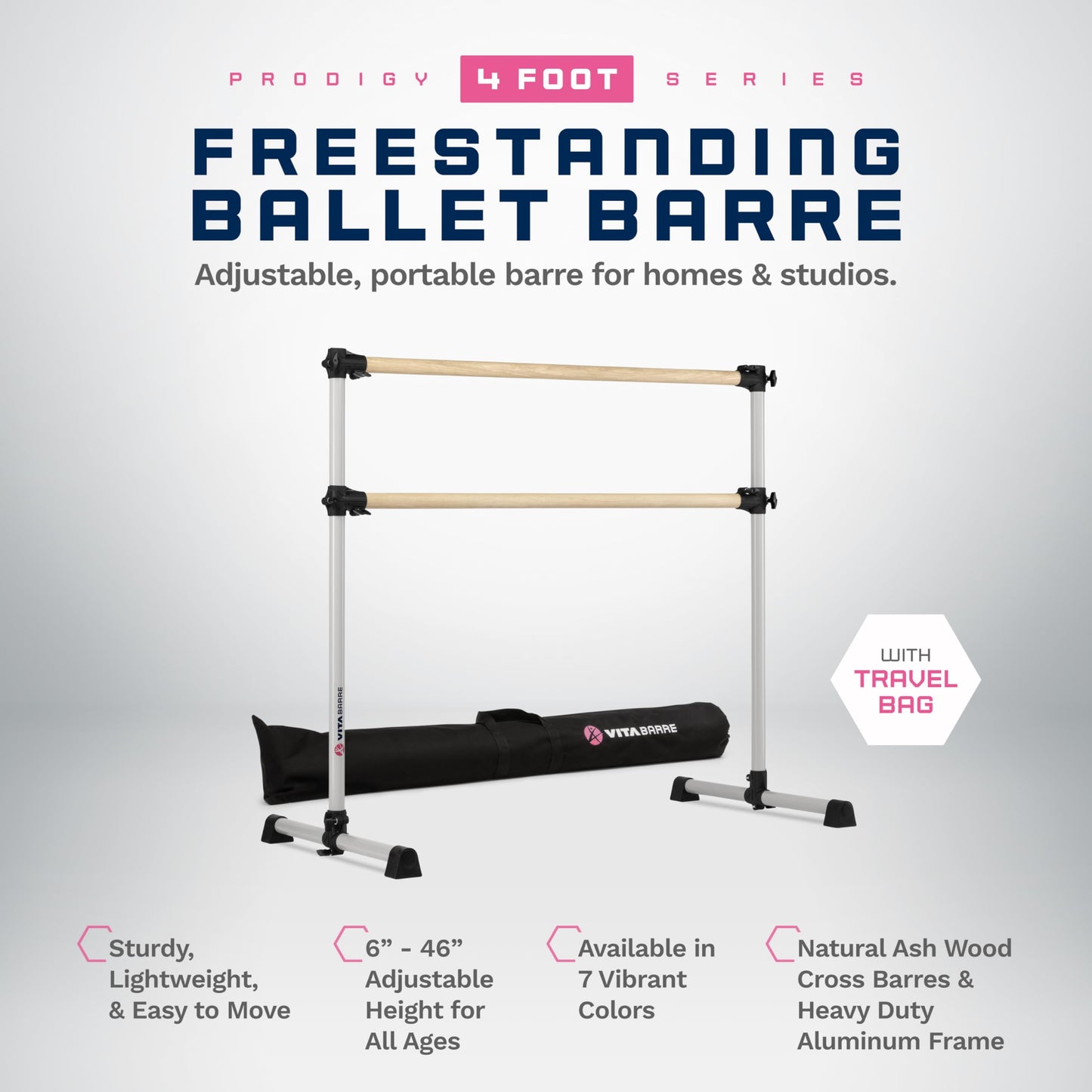 VITA Barre Portable Freestanding Double Ballet Barre, Prodigy, 4 Ft Bars, Satin Silver, with Bag | Adjustable Height, USA Made, Home or Gym Exercise Equipment for All Ages | Dance, Fitness, Pilates