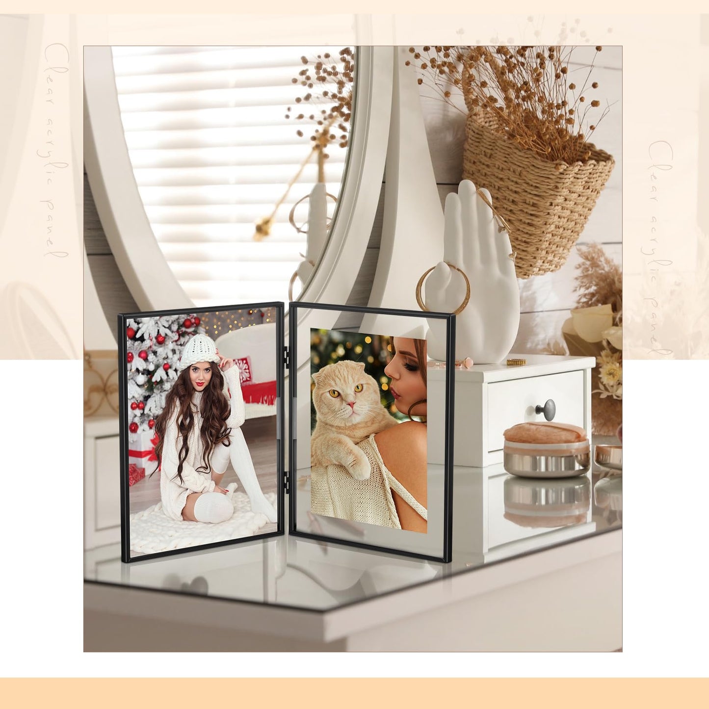 Sintuff 8" x 10'' Brass Double Picture Frame Clear Double Folding Hinged Frame Acrylic Memorial Photos Displayed Stand for Desktop Artwork Plants Specimen Graduation Christmas Gifts(Black)