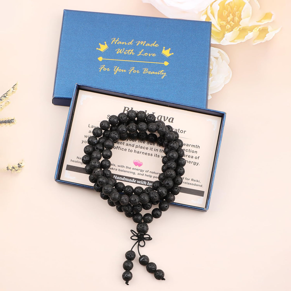 AD Beads 8mm 108 Prayer Mala Black Lava Elastic Bracelet - Warmth Generator - Handmade Yoga Meditation Healing Power Energy Gifts for Unisex Adult.