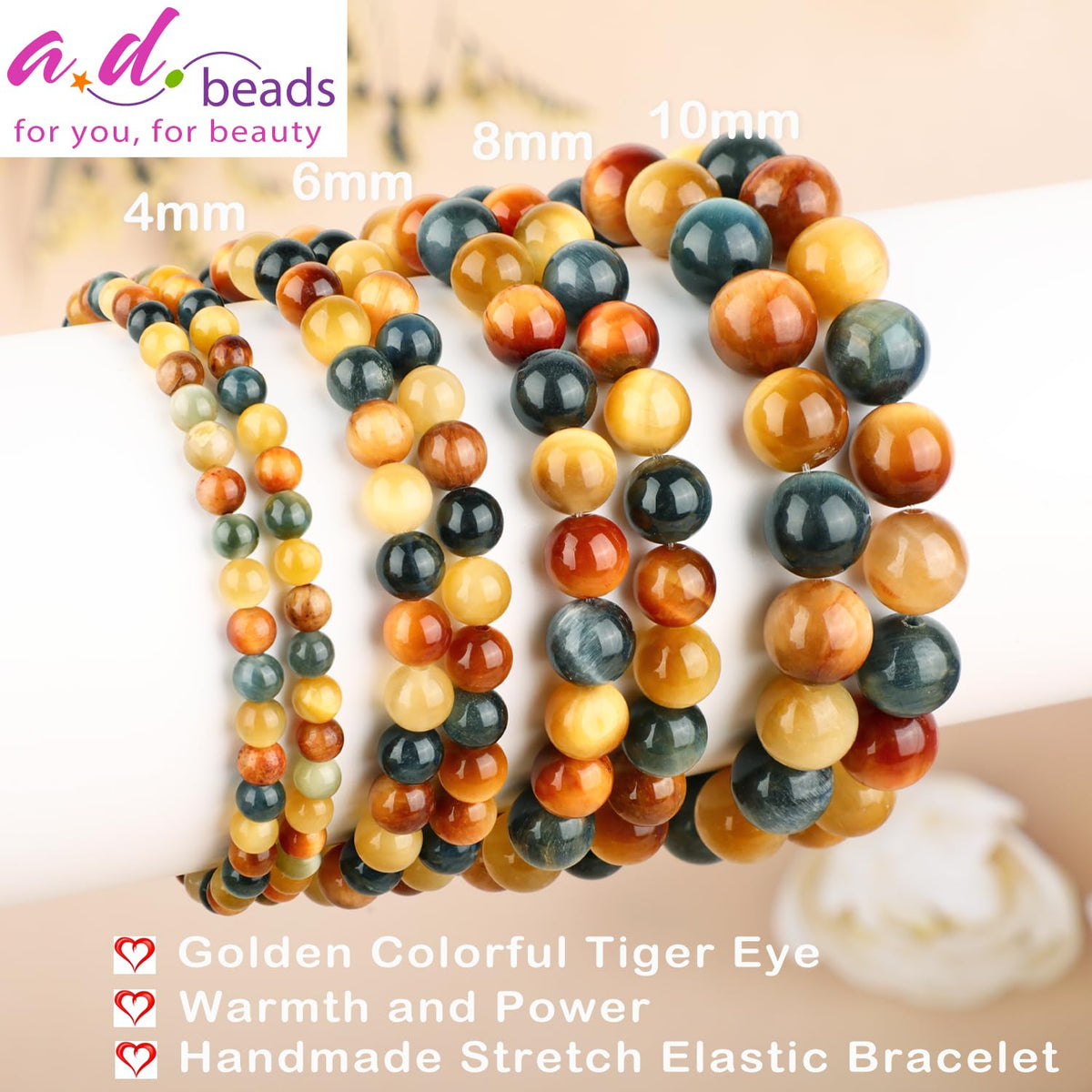 AD Beads 4mm Handmade Golden Colorful Tiger Eye Elastic Bracelet – Natural Gemstone for Warmth and power – Meditation, Yoga, Healing and Energy Gift for Men Women