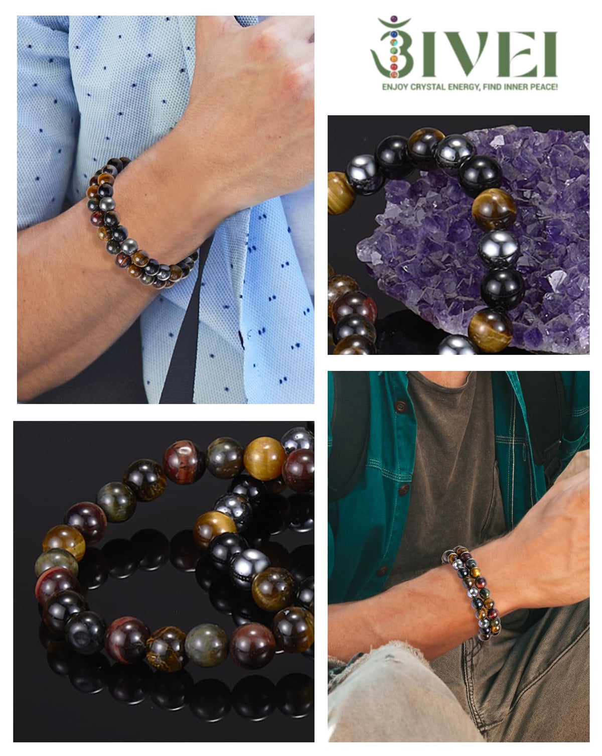 Bivei Natural Gemstone Semi Precious Crystals Handmade Stretchy Round Beads Bracelet, Enhance Positive Energy,Stocking Stuffers for Women(Triple Protection SetSmall)