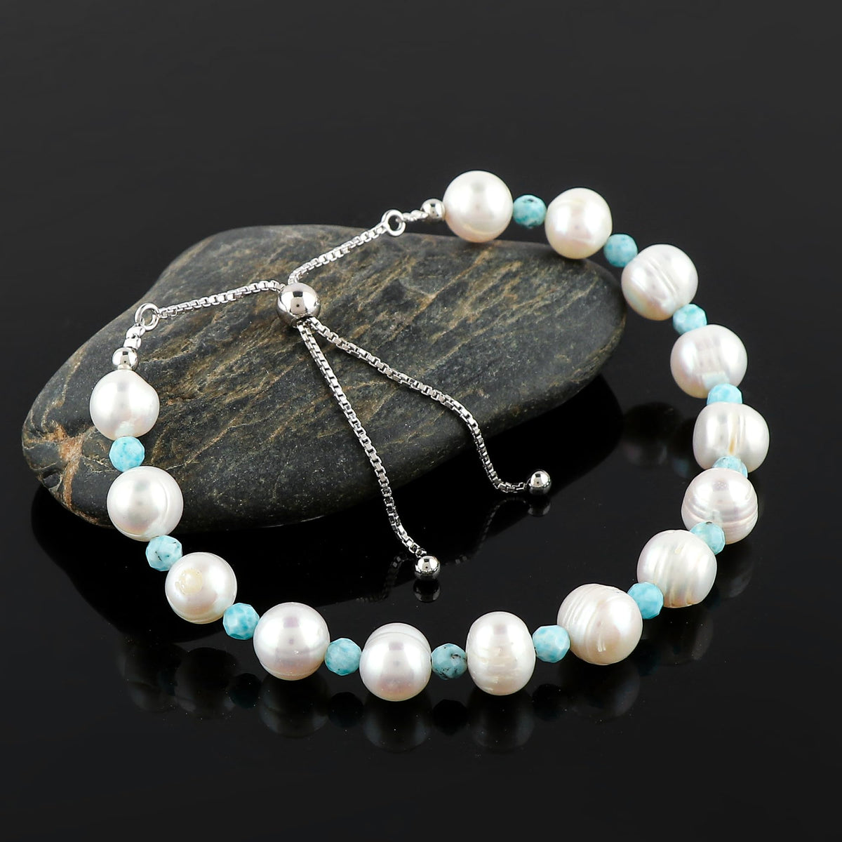 CRYSTALIS Natural Larimar And Freshwater Pearl Beaded Bracelet, Elegant Beads Crystal, Chakra Bracelet, Healing Bracelet, Gemstone Jewelry, 925 Sterling Silver Slider 10 inch