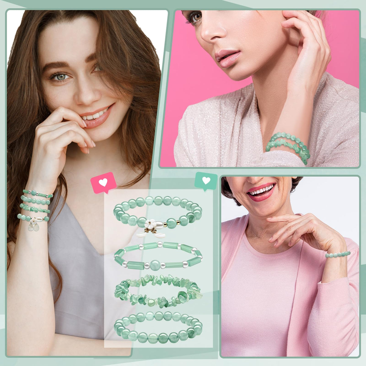 Landical 4 Pcs Jade Bracelet for Women Good Luck Wealth Green Aventurine Bracelet 8 mm Stretch Dongling Jade Beaded Spiritual Gift