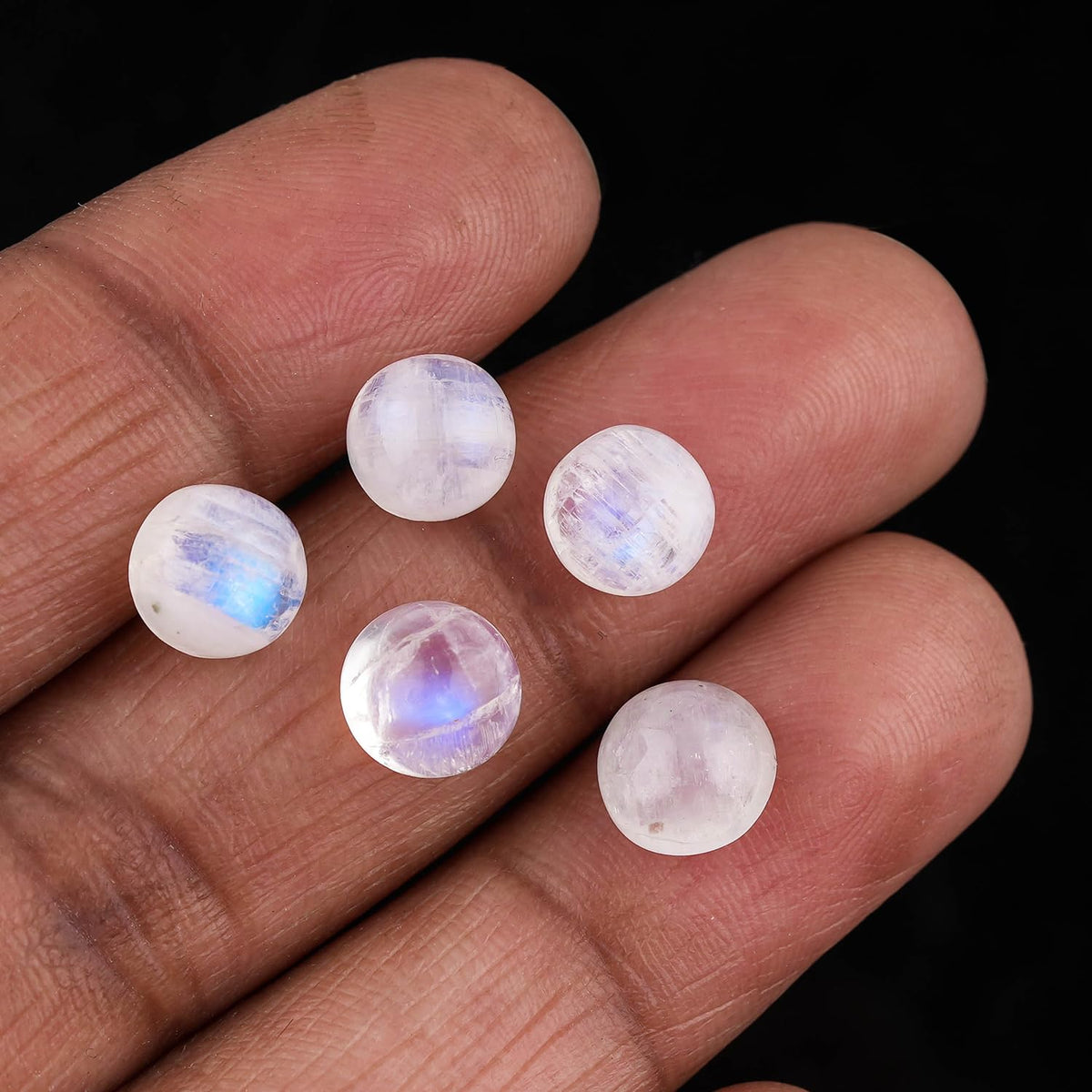 CRYSTALINES (5pcs) Natural Rainbow Moonstone Gemstone, Bulk Cabochon Tiny Round Stones, Jewelry Making, Polished Loose Supplies, Wicca & Reiki Healing Crystals, June Birthstone, Gem Collection