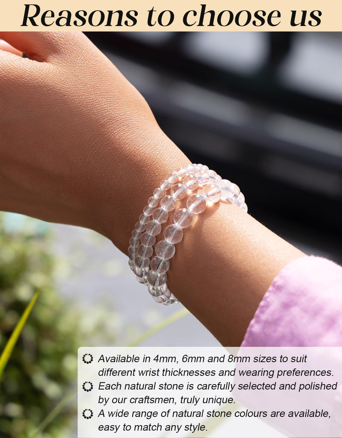 Landorilo Beaded Bracelet for Men Women, 6mm Natural Stone Clear Quartz Healing Crystal Stretch Bracelets, Ideal Christmas Birthday Jewelry Gifts with Energy Card，Replacement Beads Included