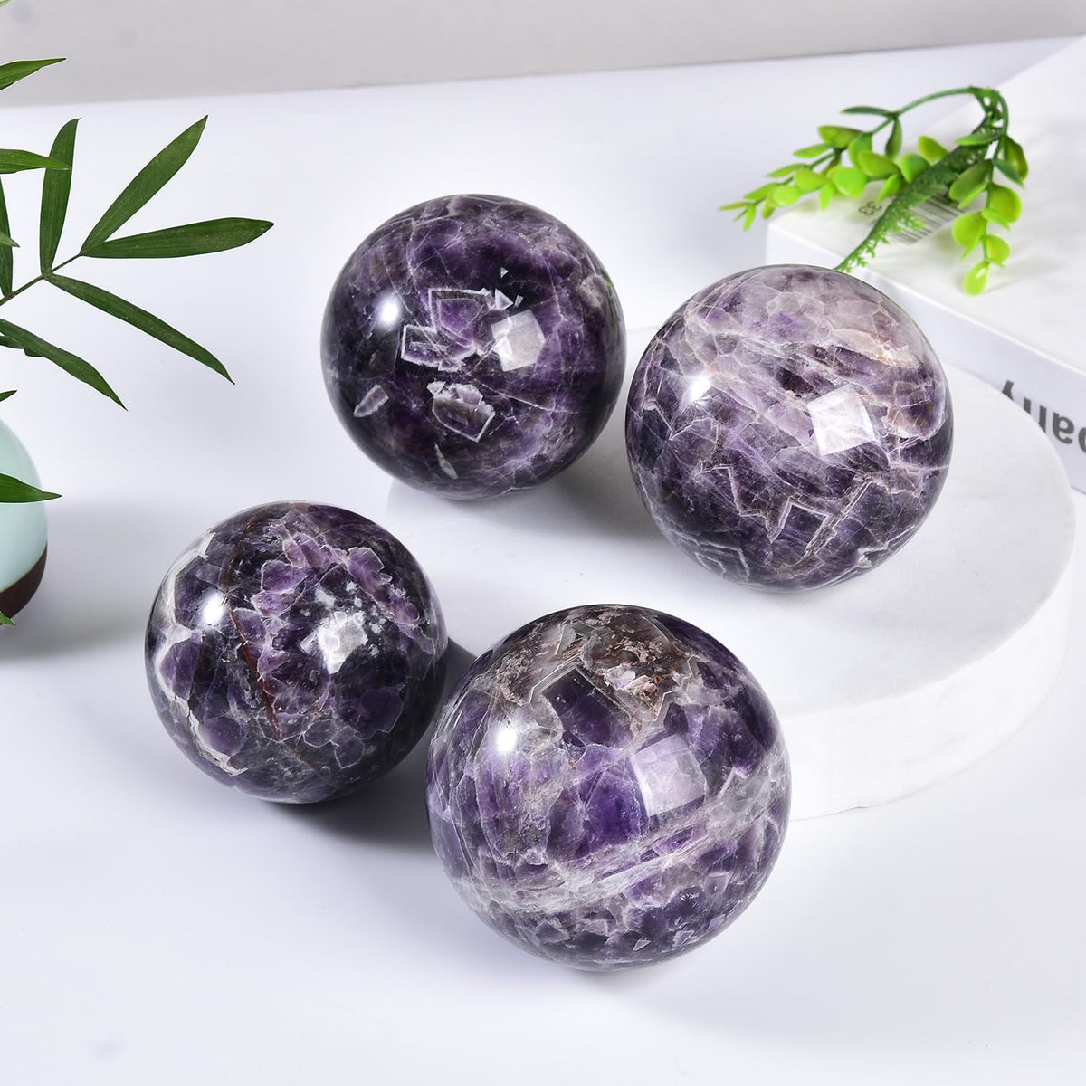 JIC Gem 2.7-3.1 inch(70-80mm) Large Chevron Amethyst Crystal Ball Healing Crystals Sphere with Wooden Stand Meditation Home Decor