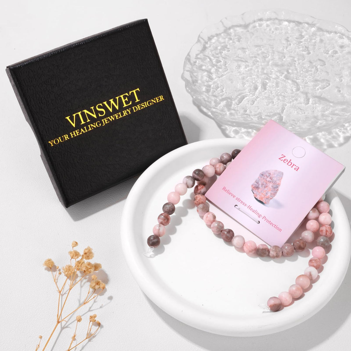 Vinswet 60pcs 6mm Zebra Natural Stone Beads Round Genuine Real Stone Beading Loose Gemstones DIY Smooth Bead for Bracelet Necklace Earrings Jewelry Making
