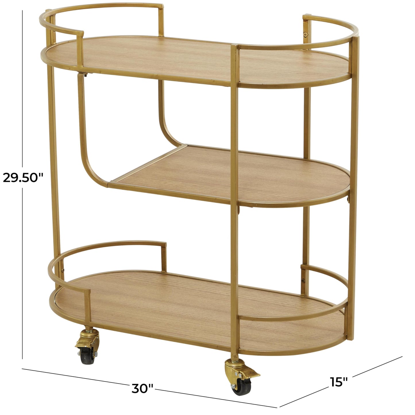 Deco 79 Wood Rolling 3 Shelves Bar Cart with Handles, 30" x 15" x 30", Gold