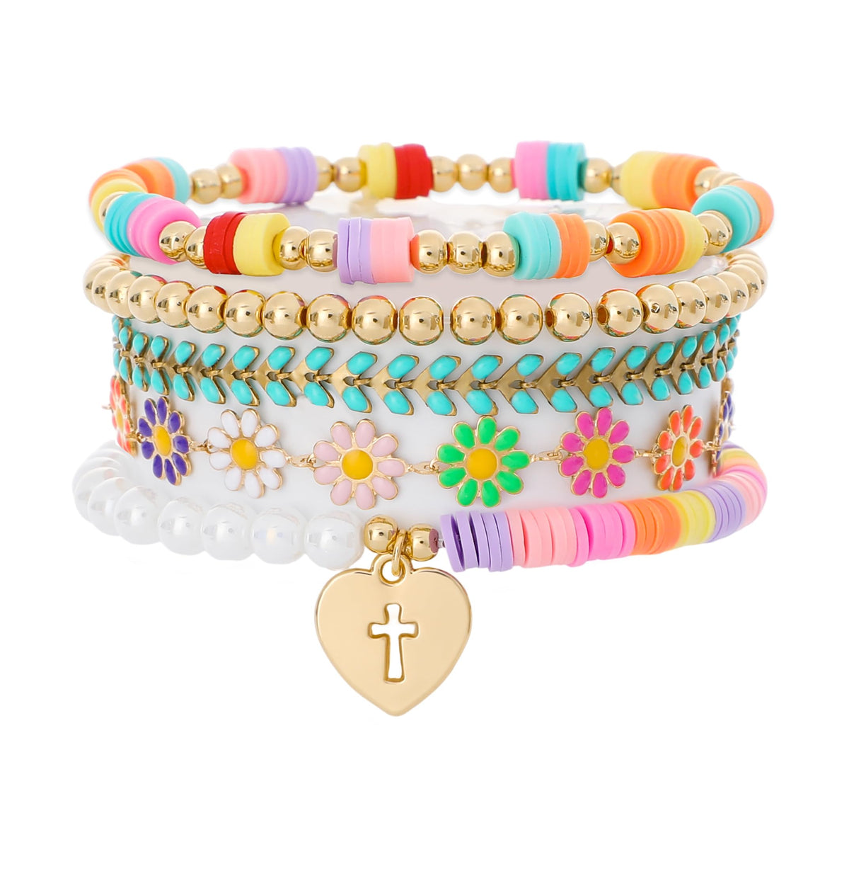 RISHEGAE Cross Beaded Stretch Bracelets for Women Easter Stackable Gold Polymer Clay Beads Bracelets Friendship Boho Summer Beach Bracelet Jewelry Set
