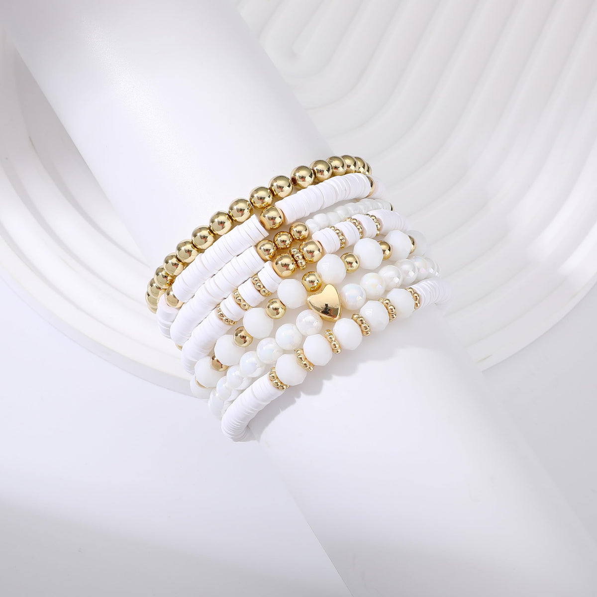 RISHEGAE Heishi Beaded Stretch Bracelets for Women Stackable Gold Polymer Clay Beads Bracelets Friendship Boho Summer Beach Bracelet Jewelry Set (F-H white)