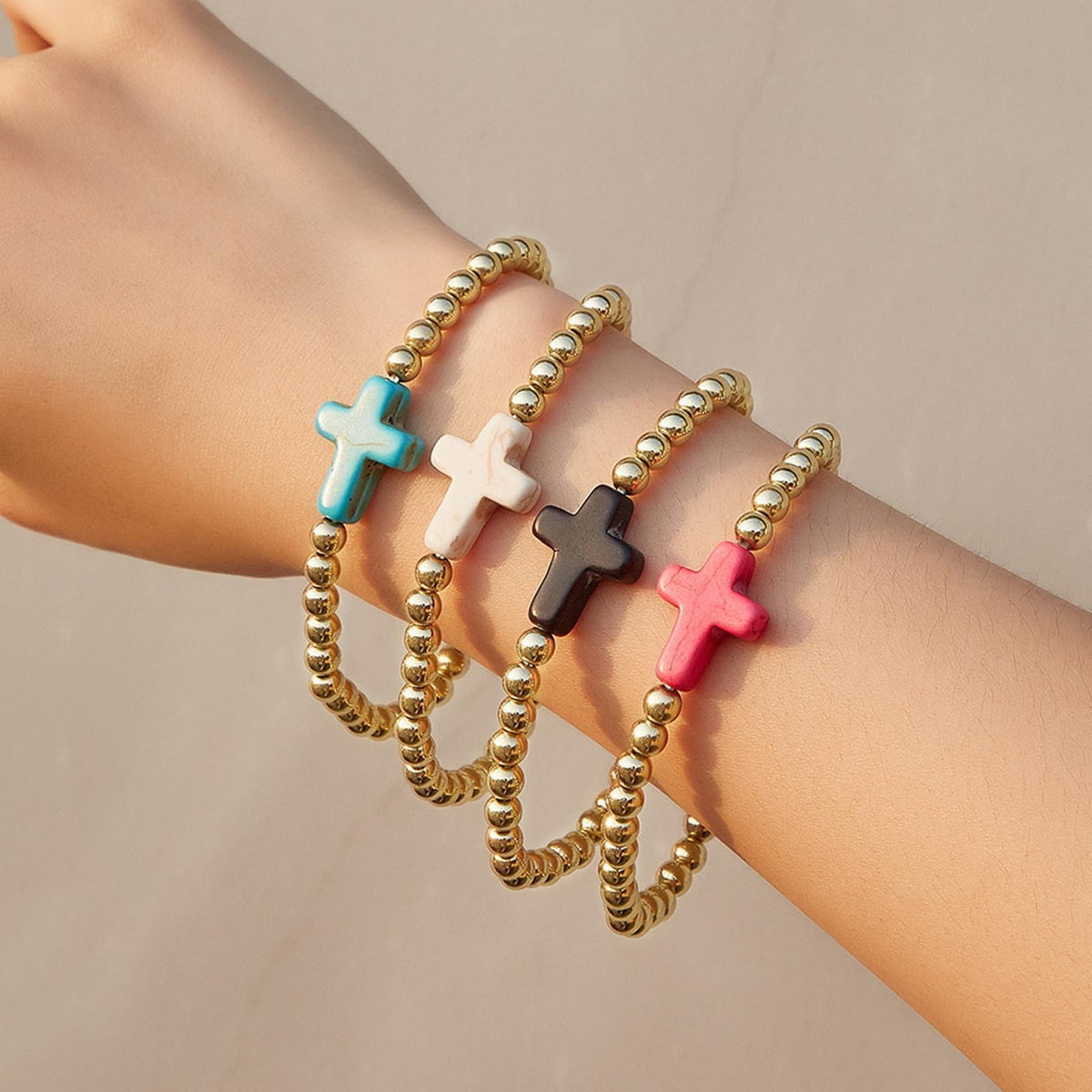Harry and Henry Gold Beaded Bracelets for Women Non Tarnish Dainty Pearl Beaded Bracelet Cross Stack Stretch Bracelets for Women Trendy Gifts 2025 Easter Basket Stuffers