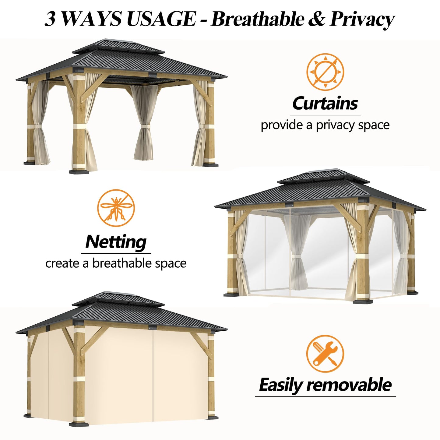 GARTOO 10' x 12' Outdoor Wooden Gazebo - Patio Hardtop Gazebo Permanent Wooden Pavilion with Galvanized Steel Double Roof, Wood Gazebos with Privacy Curtains and Netting for Garden, Lawn, Backyard