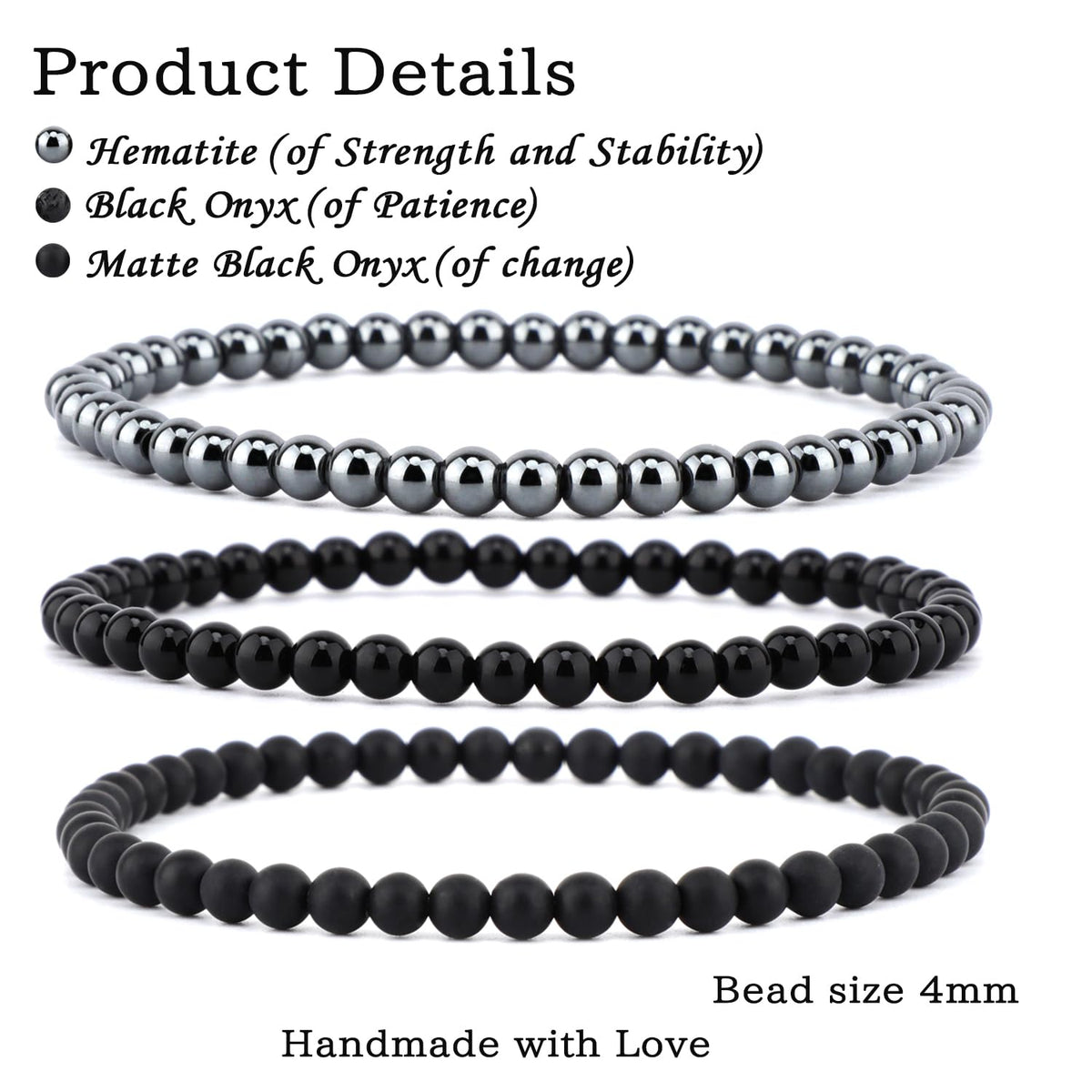 NCB 3-Piece 4mm Natural Crystal Gemstone Stretch Bracelets – ﻿Black Onyx, Hematite, Matte Black Agate Handmade Reiki Energy Healing Jewelry for Meditation,Yoga, Unisex