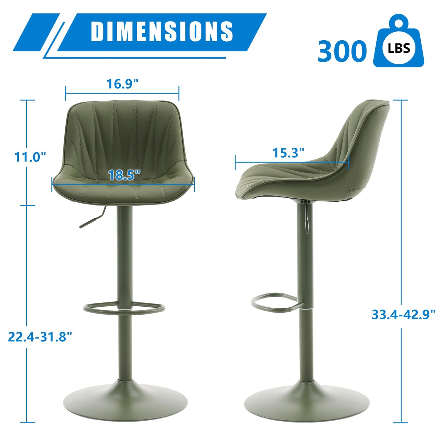 YOUNIKE Bar Stools Set of 2, Faux Leather Padded Bar Stool Counter Height Swivel Bar Chairs, Modern Adjustable Barstools with Back for Kitchen Island, Full Pea Green Same-Color Base