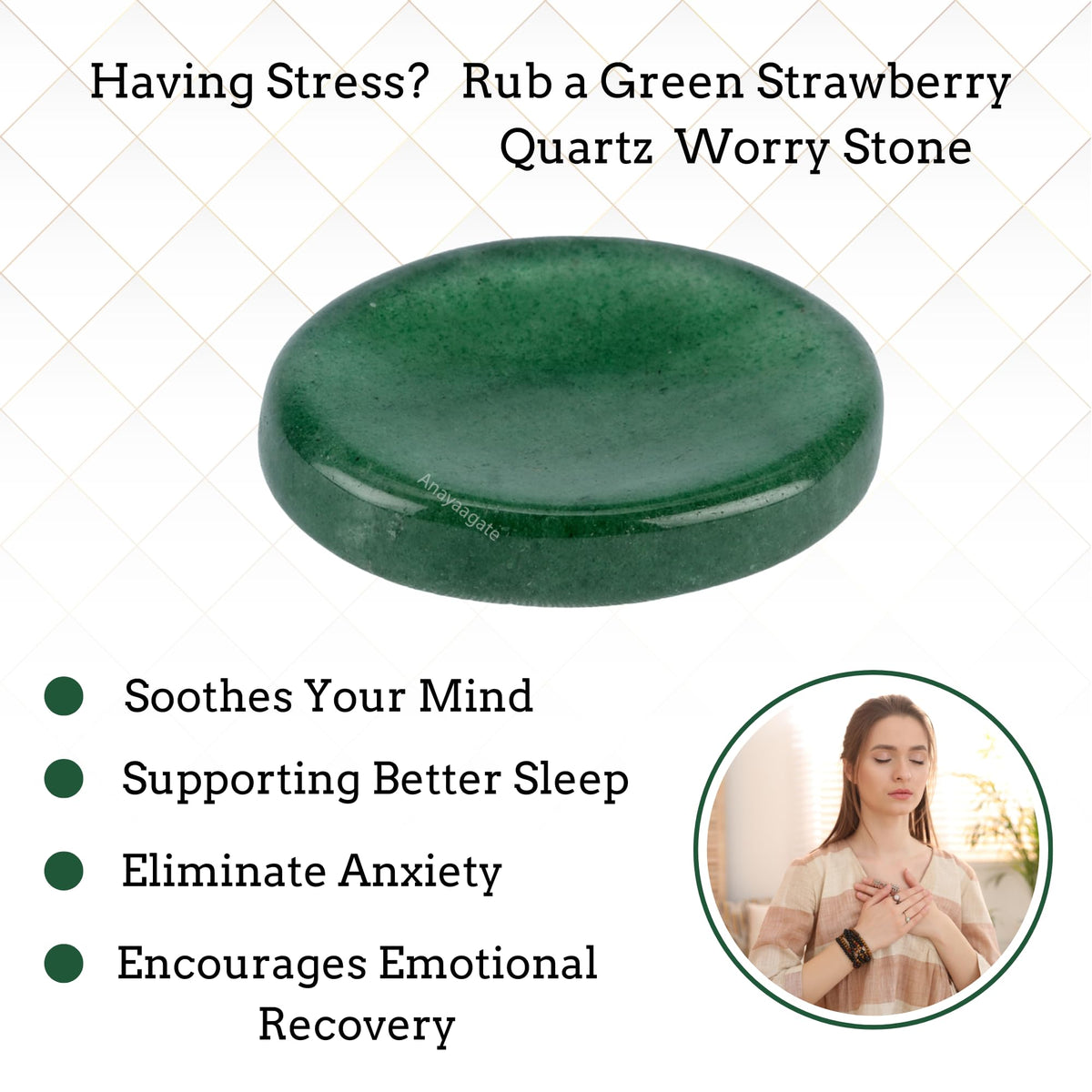 Anaya Agate Green Strawberry Worry Stones Certified Crystal Thumb Worry Stone for Anguish, Relaxing and Soothing Balance Stones for Meditation, Stress Relief Crystals and Healing Stones for Men, Women