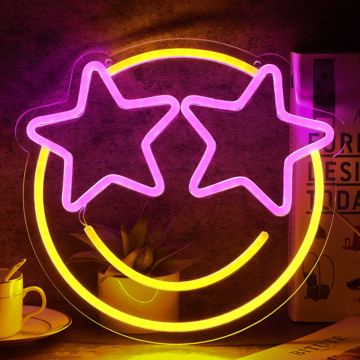 Smile Face Neon Sign, Wootfairy Led Neon Signs for Wall Decor, Dimmable Neon Light for Bedroom, Gaming Room, Kids Room, Bar Decoration, Yellow and Pink Light Up Signs for Wedding Birthday Party