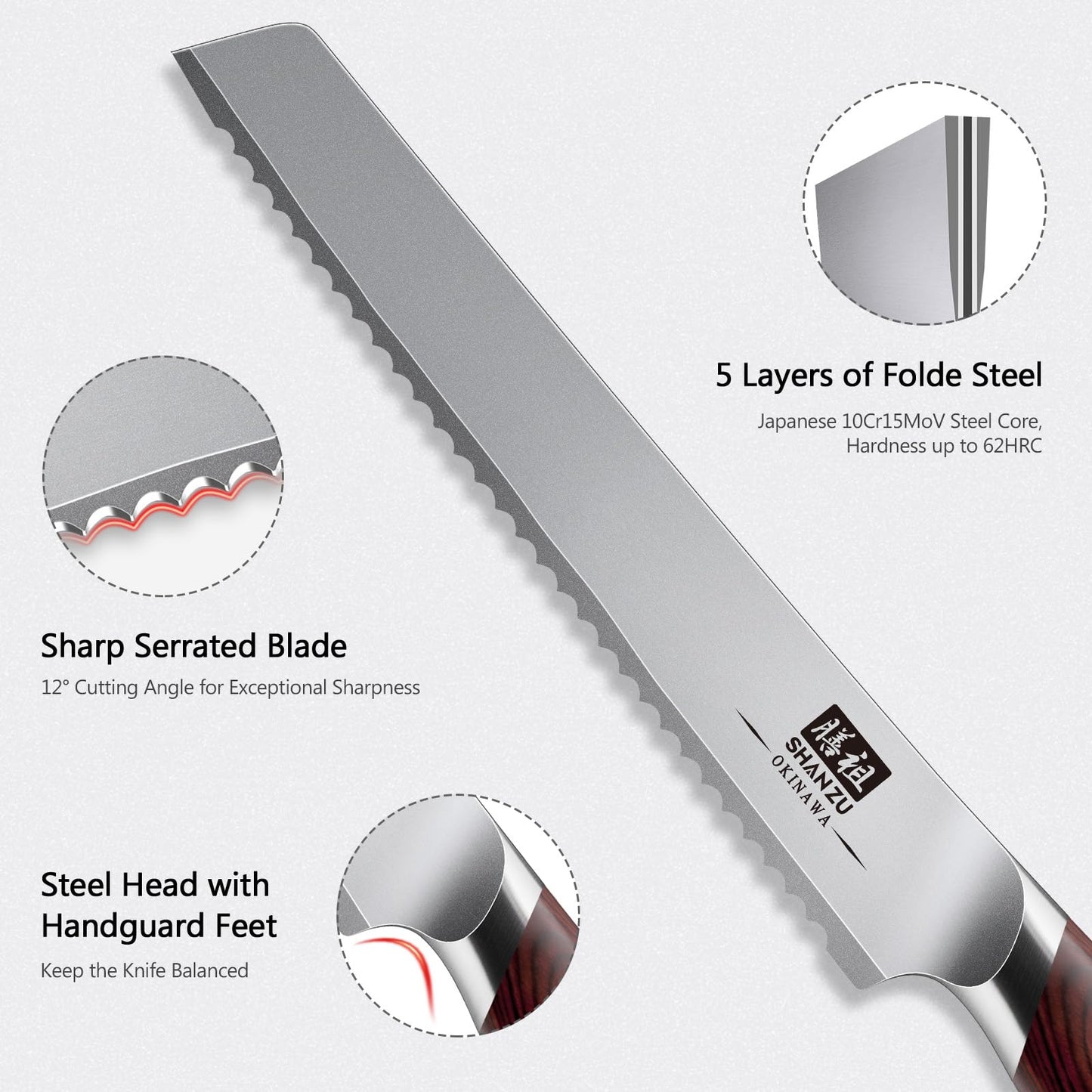 SHAN ZU Bread Knife 8 Inch, Japanese High Carbon 10Cr15Mov Stainless Steel Cake Knife, Razor Sharp Sourdough Slicing Knife, Multifunction Serrated knife for Homemade Bread