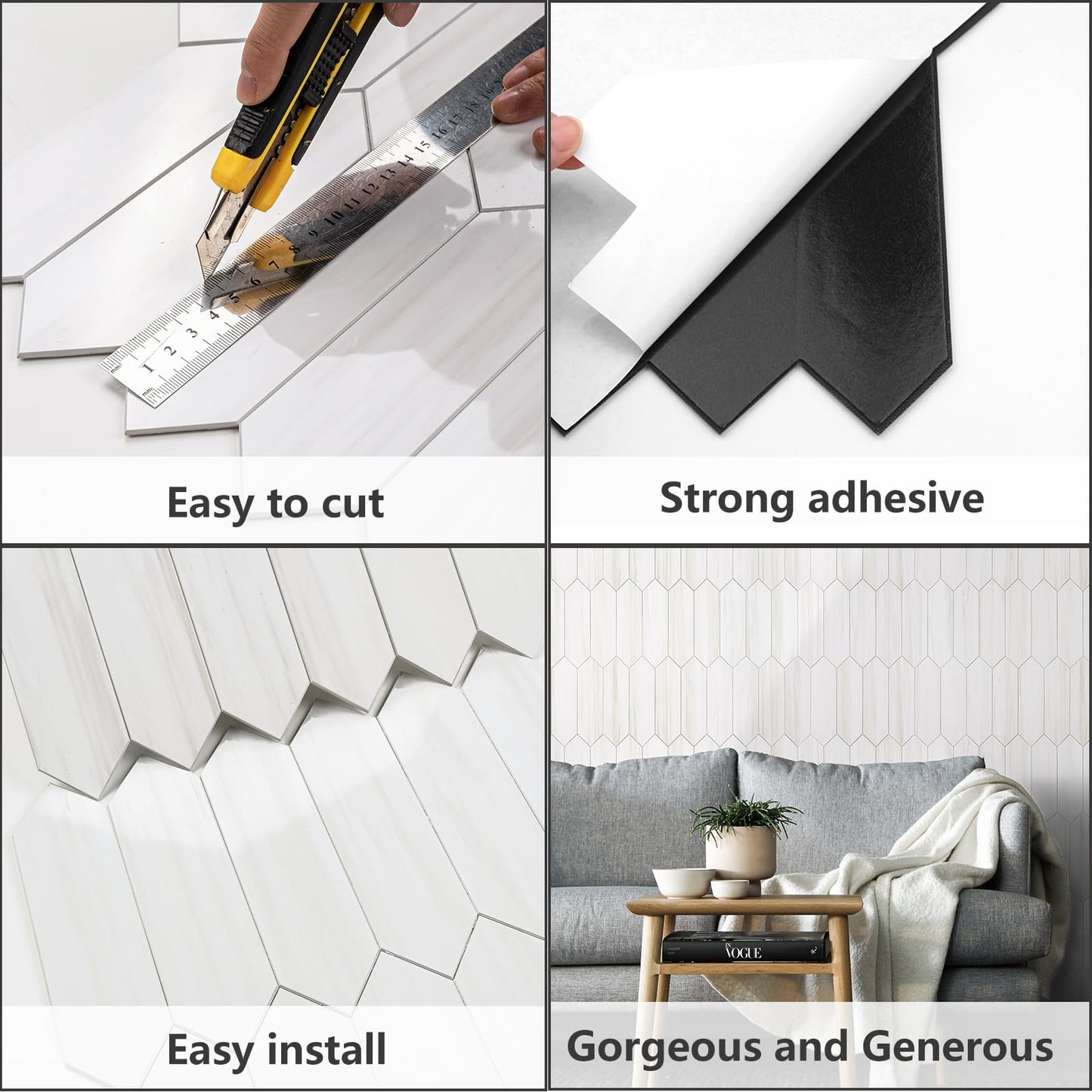 Vamos Tile 1 Sheet Glossy Dolomite White Backsplash Tile Peel and Stick, 12.8 x 12.8 Inch Long Hexagon PVC Self Adhesive Mosaic Wall Tiles Stick on Backsplash for Kitchen and Bathroom