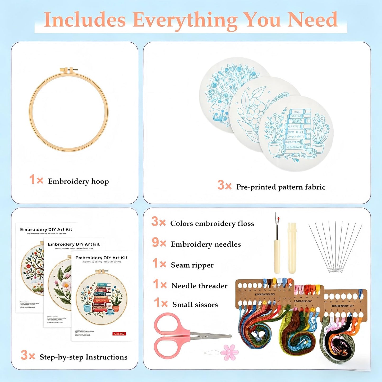 FEIYUENO Beginner Embroidery Kit for Adults, 3-Pack Easy Needlepoint Starter Kits with Pre-Stamped Book Embroidery Patterns, 7.8" Hoop, Floss & Needles, Step-by-Step Guide (Book Tree)