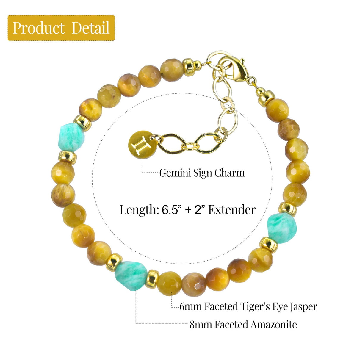 Ayriwoyi Gemini Zodiac Bracelet Yellow Tiger’s Eye Amazonite Healing Facet Stone 12 Constellations Astrology Bracelet Birthday Zodiac Inspirational Gifts
