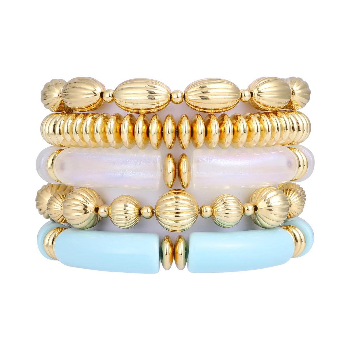 RISHEGAE Chunky Bangle Bracelets for Women Stackable Resin Bamboo Tube Bracelet Stretch Gold Beaded Bracelets Summer Beach Surfer Bracelets Gift Jewelry