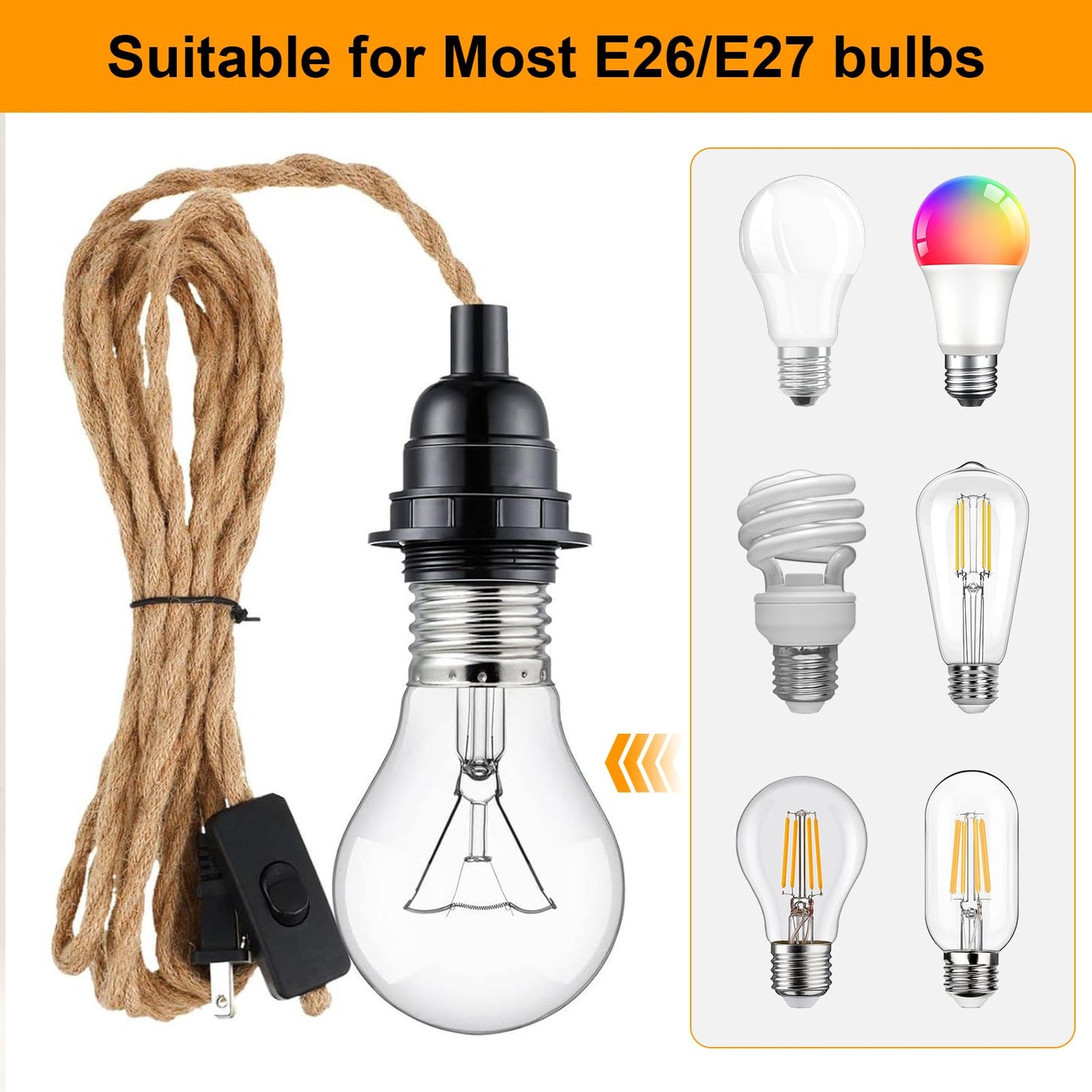 Plug in Pendant Light Cord - 15FT Industrial Hanging Light Kit, Hanging Lights with Plug in Cord With 15FT Hemp Rope, Hanging Lamp Kit with On/Off Switch,E26 E27 Light Socket, Bulb NOT Included