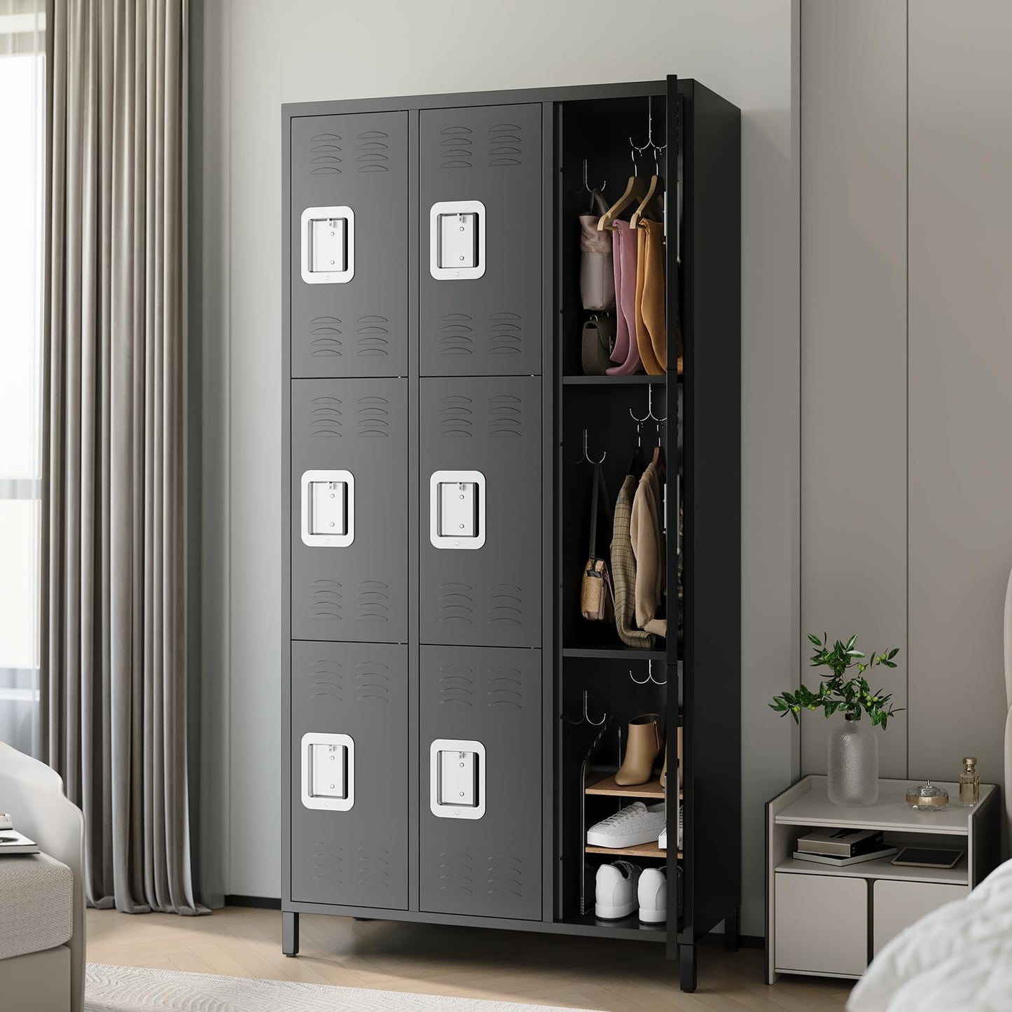 PhoenixCrest Metal Locker with 3 Doors & 9 Hooks, Heavy Duty Steel Storage Locker for Gym, Home, Office, School, Ventilated Design with Privacy Vents, Easy Assembly, Black