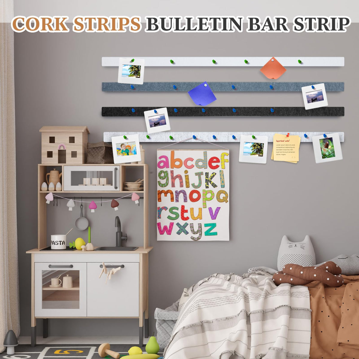 Mooliwe 4 Pcs 48" x 1" Felt Cork Bulletin Bar Strips for Wall, Self-Adhesive Notice Board Strips, Wall Decor for Notes, Photos, Schedules, Office & Home Use (Silver Black White Grey)