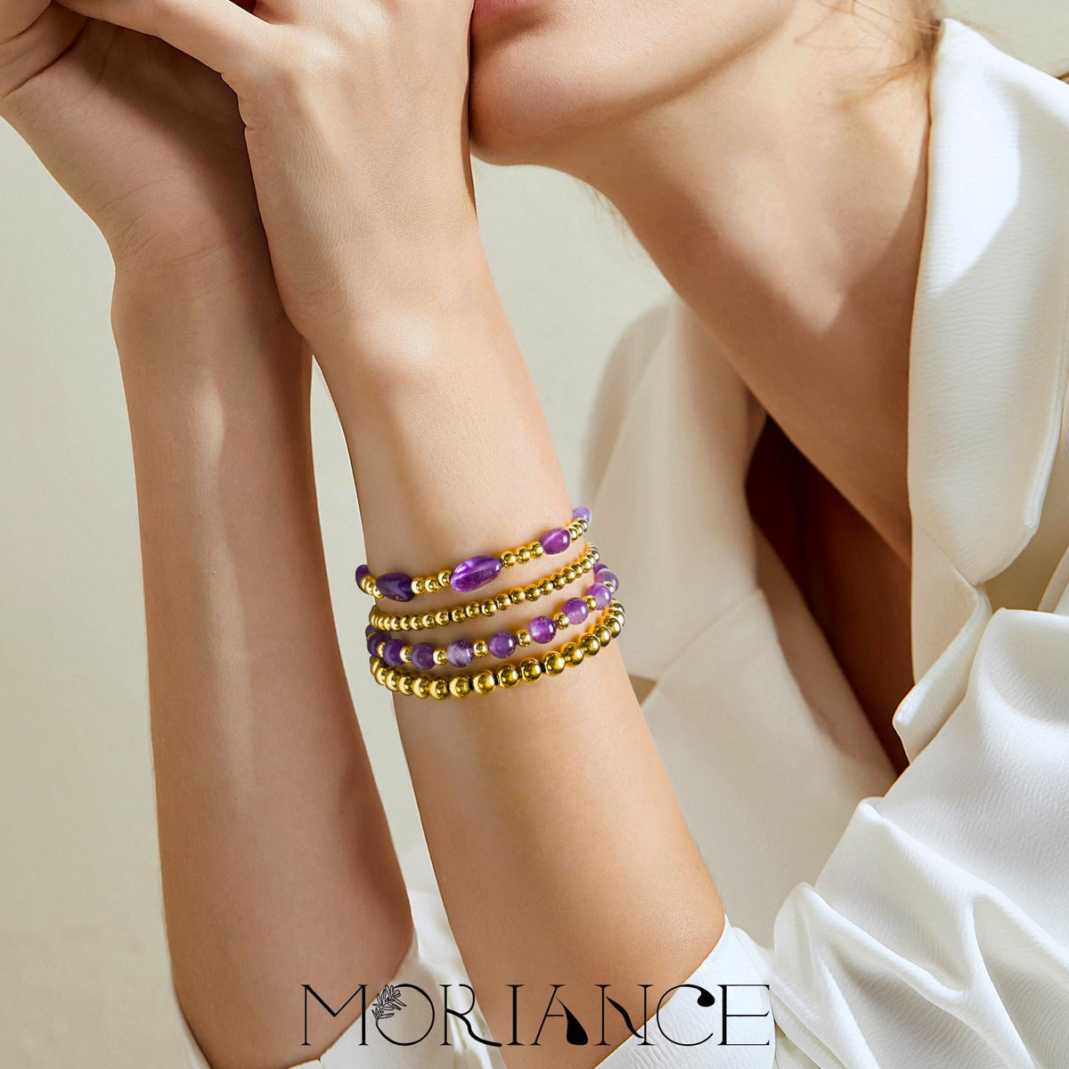 MORIANCE Amethyst Bracelet for Women Amethyst Crystal Bracelet Amethyst Jewelry Gold Bracelets for Women Stack Gold Bead Bracelets Purple Beaded Crystal Gemstone Bracelet for Women