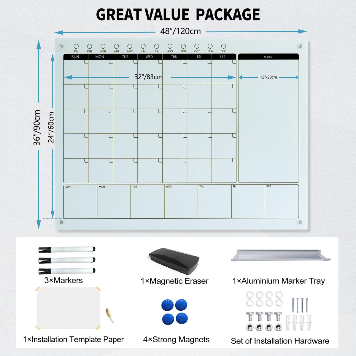 Magnetic Glass Whiteboard Calendar 48"x36" Glass Dry Erase Calender Board 36"x48" Monthly Plan White GlassBoard Wall Mounted for Office School Home (White)