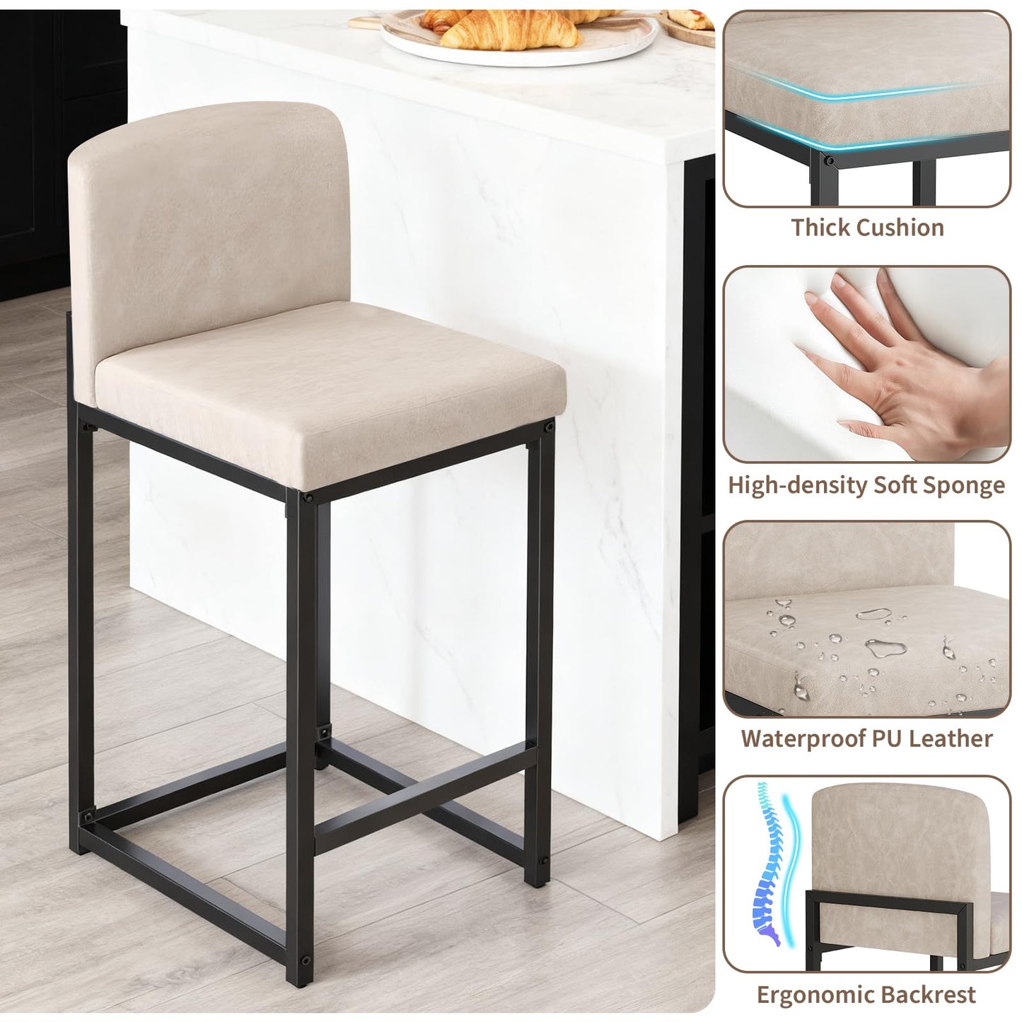 IDEALHOUSE Modern Bar Stools Set of 4, PU Leather Counter Height Barstools with Back, Upholstered Bar Chairs for Kitchen Island & Home Bar, Metal Frame, Beige