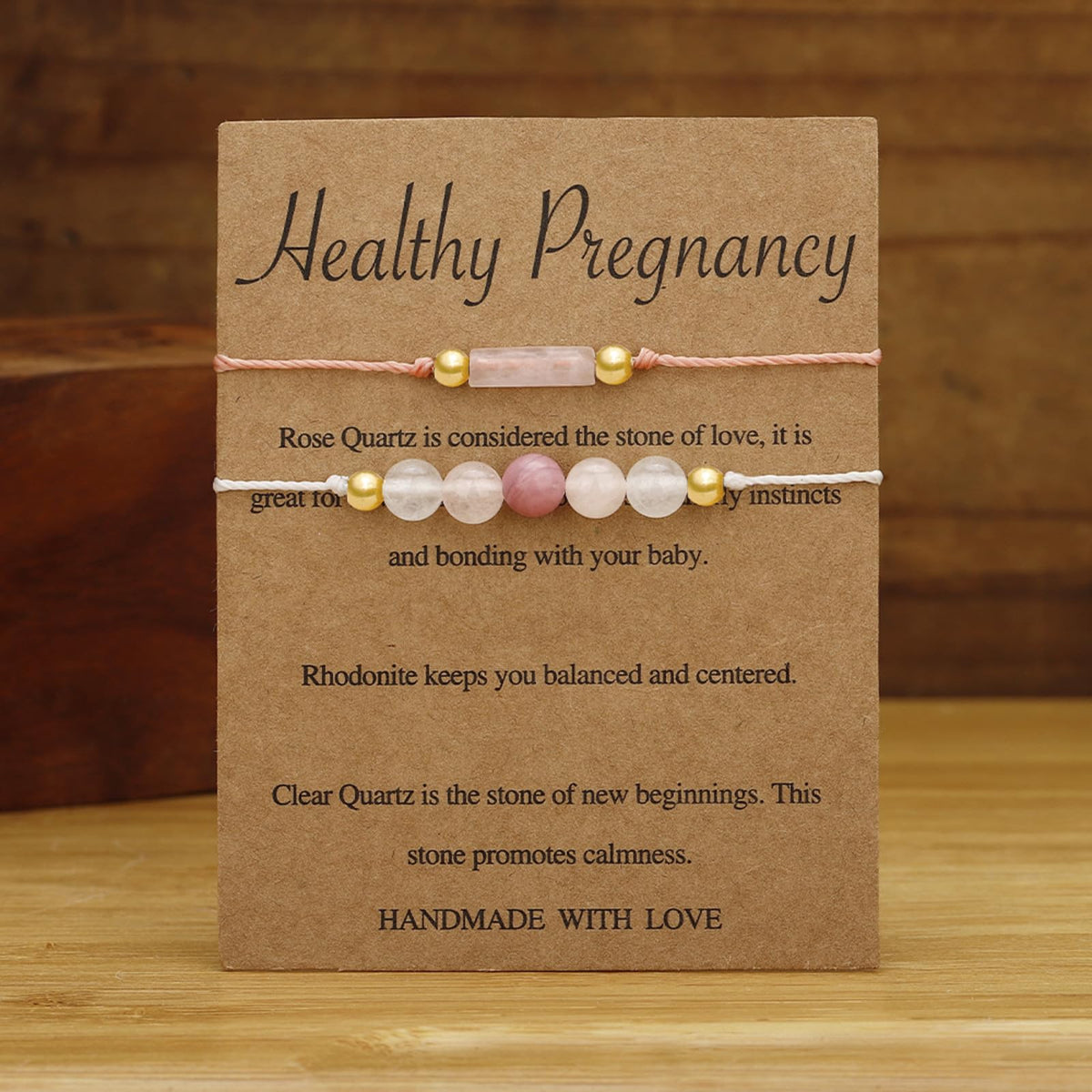 IQIC Handmade Fertility & Pregnancy Bracelet with Natural Rose Quartz, Aquamarine & Moonstone, Healing Crystal Bracelet for Pregnant Women, Comes with Blessing Card for Safe Delivery & New Beginnings