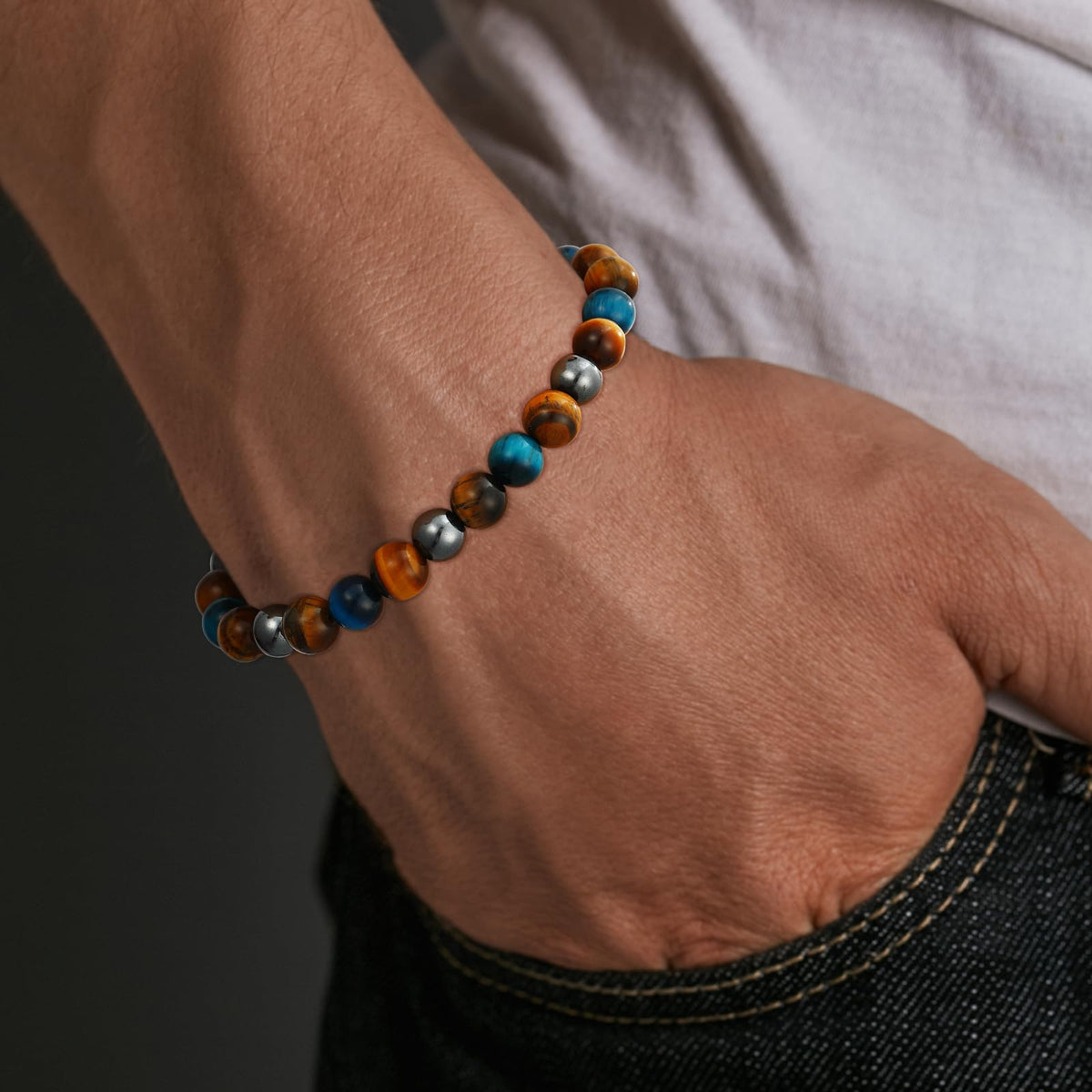 Gnamy Triple Protection Beaded Bracelet Gifts for Men, Bule Tiger Eye Hematite Bracelets Christmas Birthday Valentines Anniversary Healing Sobriety Jewelry Gifts for Husband Dad Boyfriend Brother Him