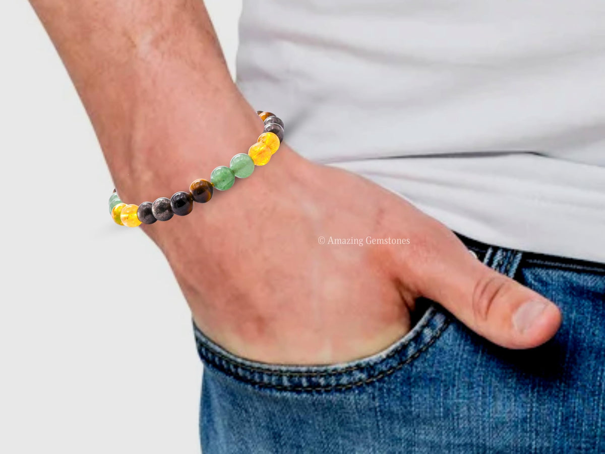 Amazing Gemstone Money Success Pyrite Bracelet - Citrine Quartz, Green Aventurine, Tiger Eye Protection Healing Crystal Bracelet - 8mm Gemstones Beaded Adjustable Bracelet Pulseras Para Hombres Mujer