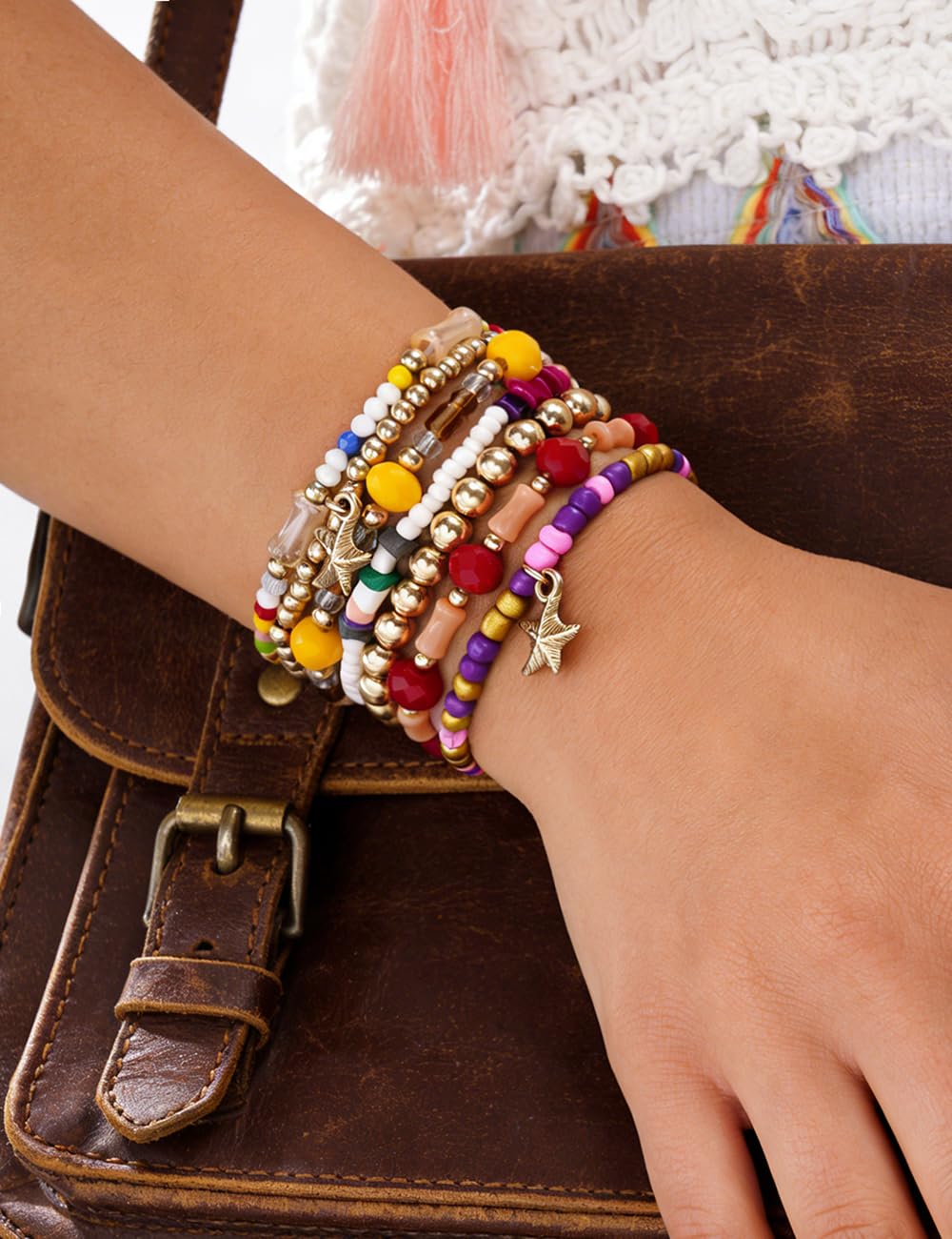 iF YOU 12 Pcs Boho Beaded Bracelets for Women, Brown Orange Bohemian Stackable Gold Bead Stretch Bracelets Stack Jewelry Gift (Colorful beaded bracelets)