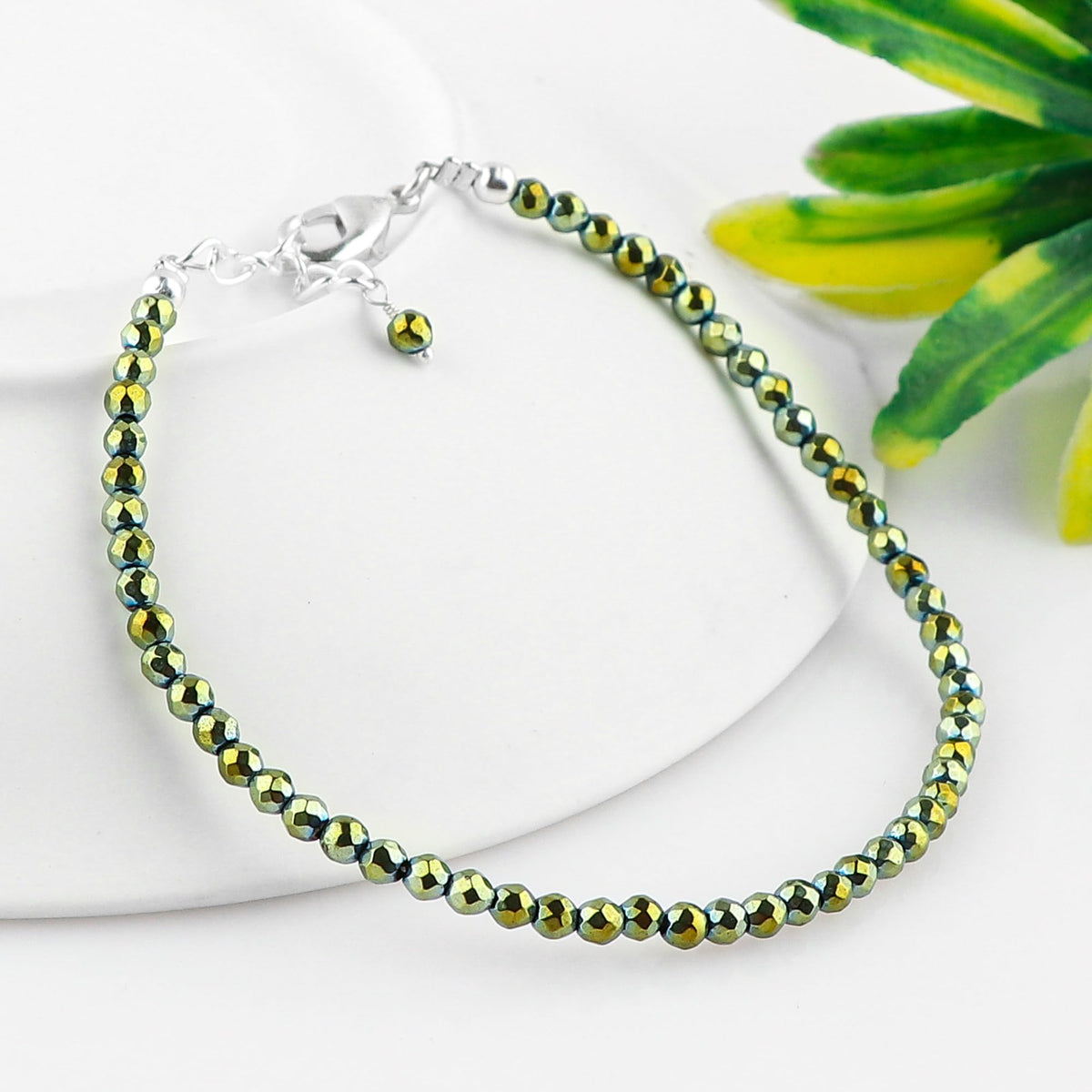 CRYSTALINES Genuine Green Hametite Gemstone Bracelet, Faceted Beads Stones, Hypoallergenic Handmade Boho Jewelry for Women, Healing Crystals, Adjustable Silver Chain 7+1inch, Birthday Gift