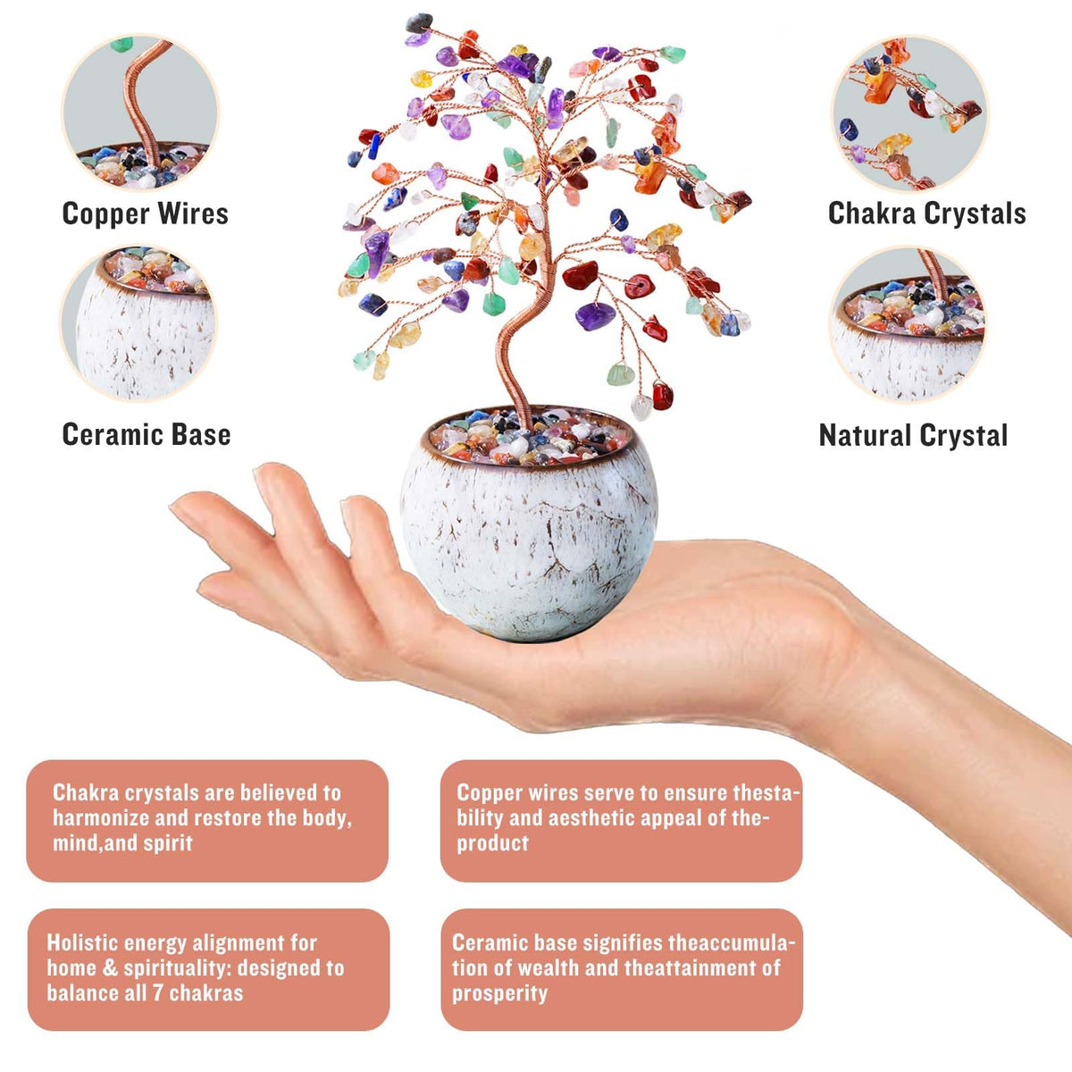 Runyangshi Chakra Crystal Tree of Life - 8" Large Natural Healing Crystal Tree, Bringing Money, Good Luck, Positive Energy for Home Decor, Feng Shui Gifts, Office Desk Ornament