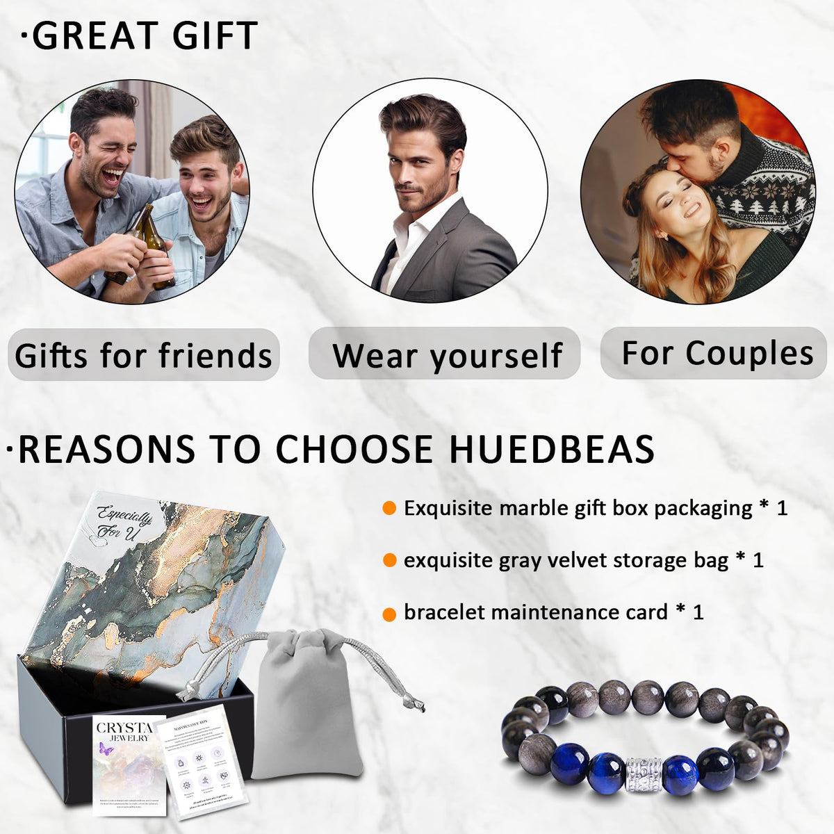 Tiger Eye Obsidian Beaded Bracelets For Men Gemstone Bracelets For Men &Women Fashion Natural Stone Men‘s Jewelry (black silver& blue)