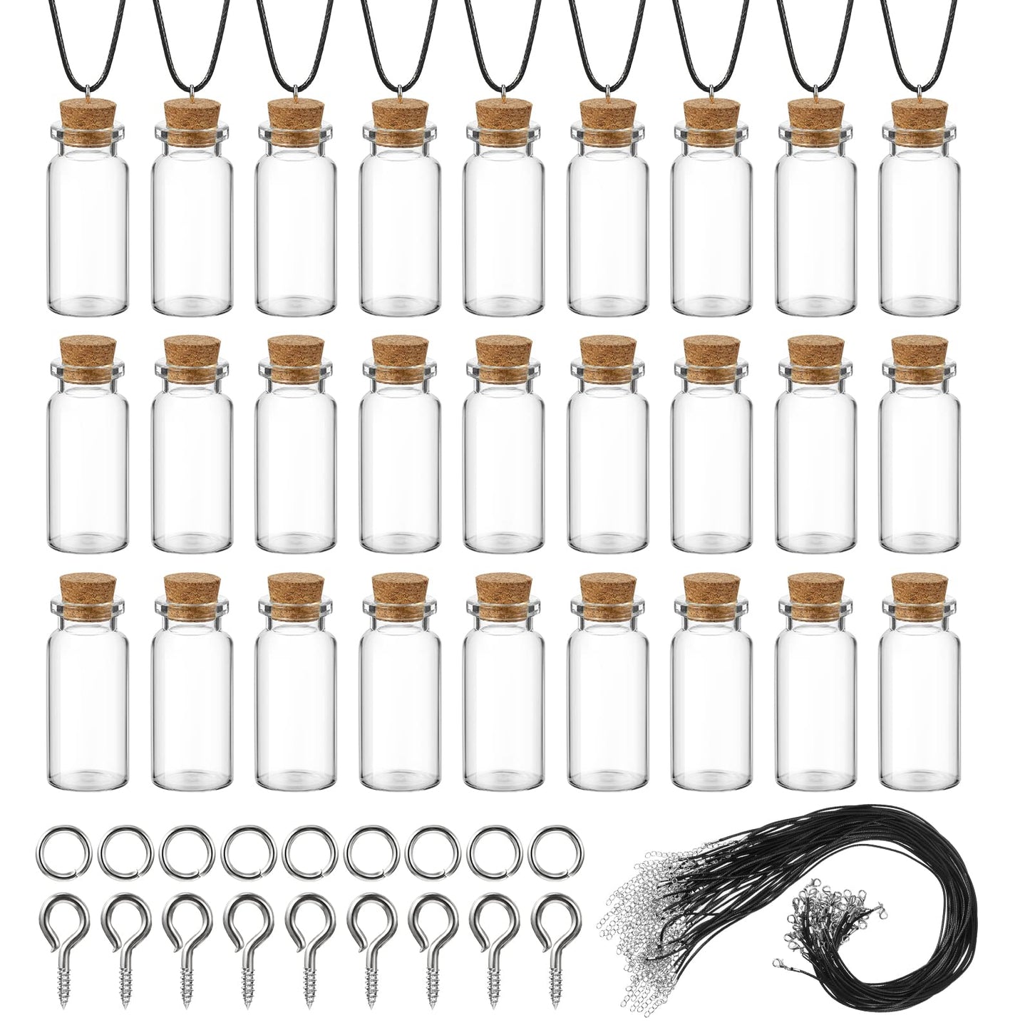 Sawysine 50 Set 10 ml Mini Glass Bottles with Cork Tiny Wishing Bottles Black Waxed Cord Eye Screws Clasp Rings for DIY Crafts Container Necklace Jars(Black)