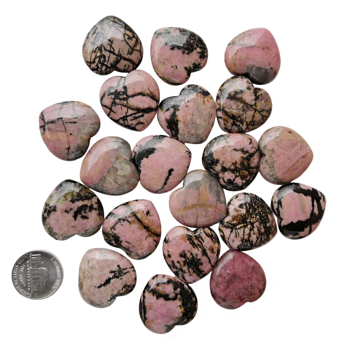 Loveliome 4 Pcs Natural Rhodonite Love Heart Palm Stone Reiki Balancing Worry Stone(1 Inch)