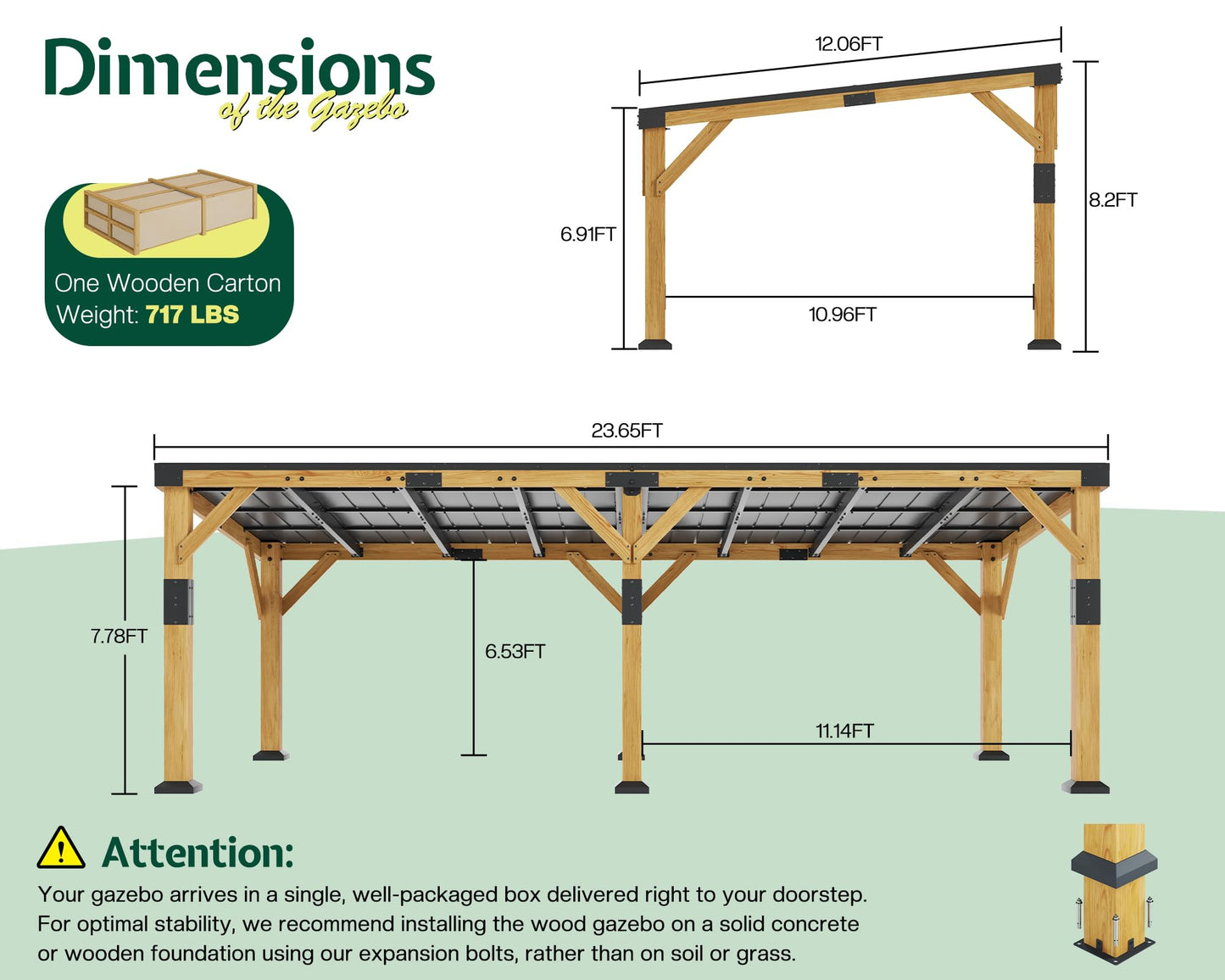 Jocisland 12' x 24' Cedar Wood Gazebo with Sloped Galvanized Steel Roof, Hardtop Gazebo Pavilion with Durable, Rot-Resistant Construction, Permanent Outdoor Pergola for Backyard, Garden & Deck