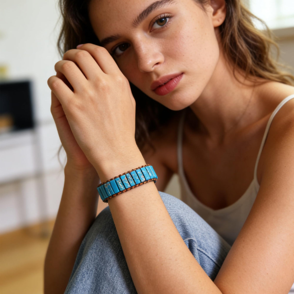 Plumiss Natural Blue Imperial Jasper Stone Leather Wrap Bracelet for Women, Handmade Boho Western Jewelry, Adjustable Slider Bracelet Gift for Her